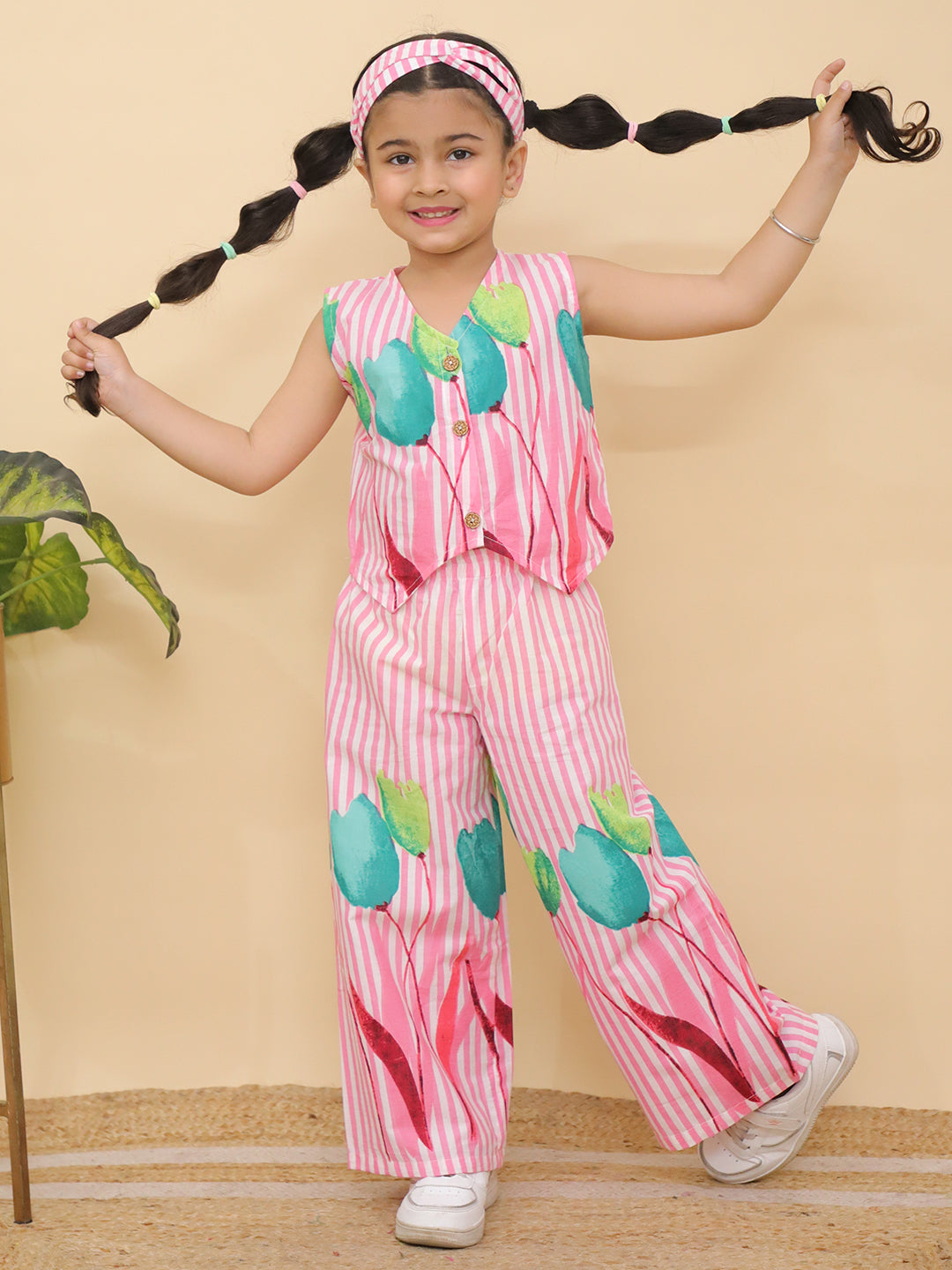 AJ Dezines Pink Sleeveless Floral Cotton Co-Ord Sets For Girls