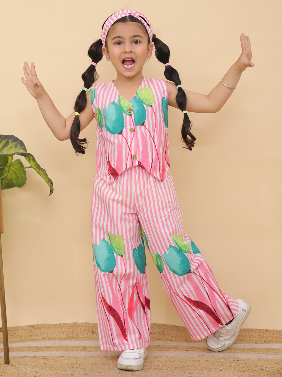 AJ Dezines Pink Sleeveless Floral Cotton Co-Ord Sets For Girls