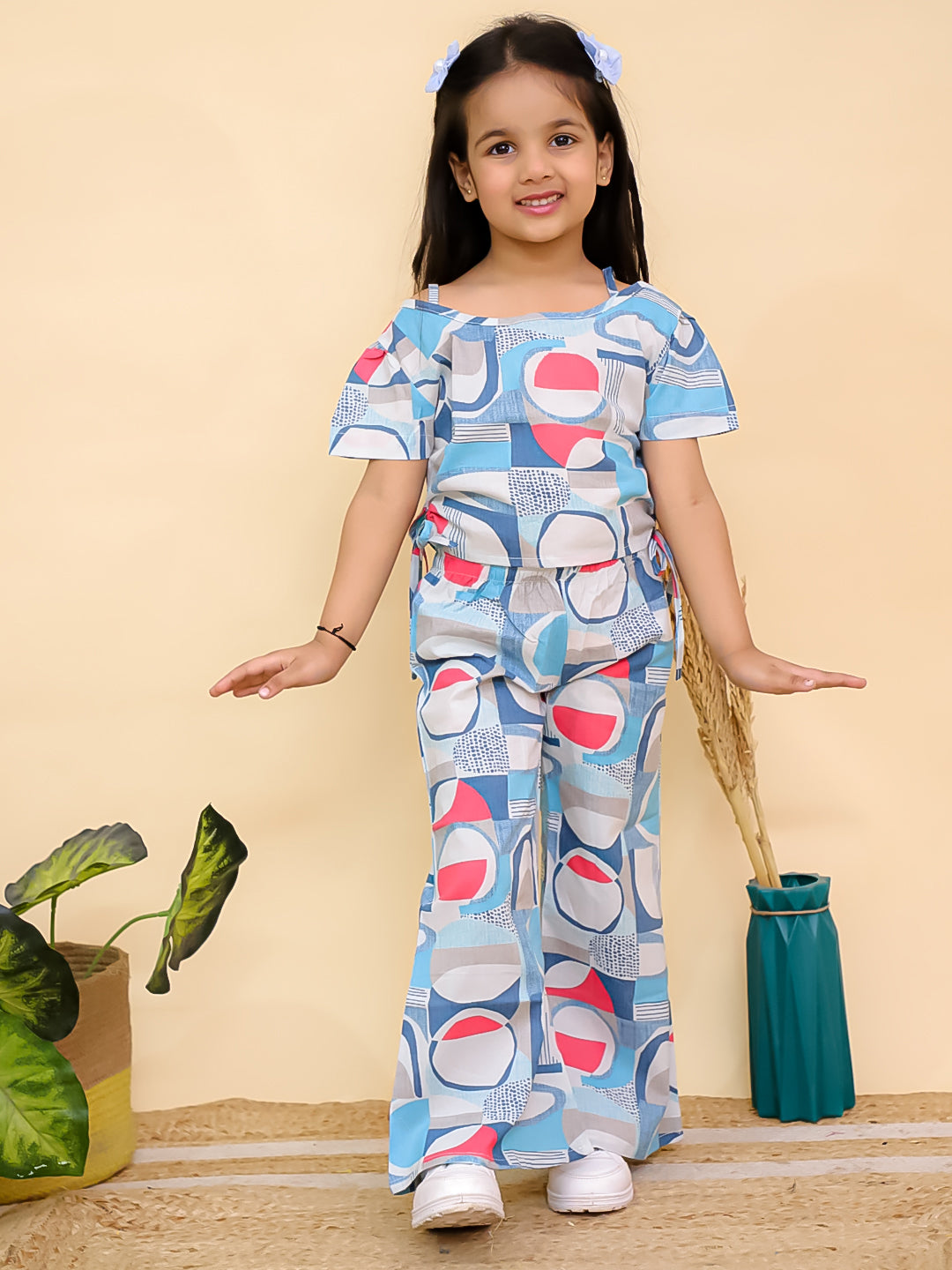 Blue Half Sleeves Abstract Cotton Co-Ord Sets For Girls - AJ Dezines