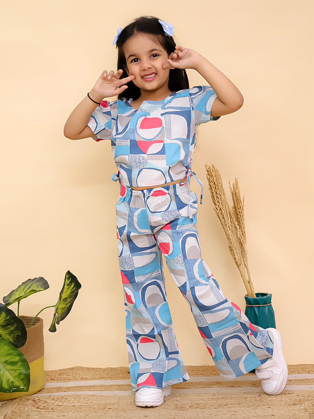 Blue Half Sleeves Abstract Cotton Co-Ord Sets For Girls - AJ Dezines