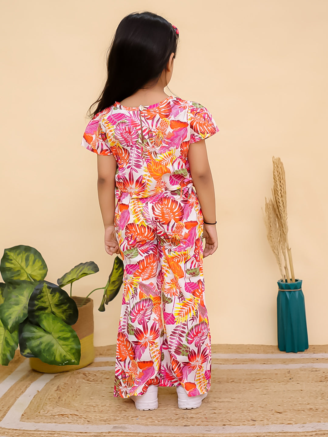 Orange Cotton Half Sleeves Floral Girls Co-Ords for Girls - AJ Dezines