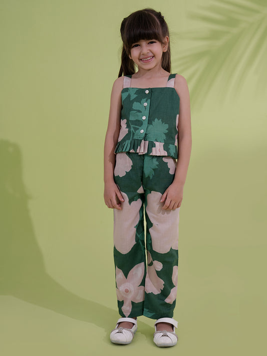 AJ Dezines Green Cotton Sleeveless Floral Printed Girls Co-Ords