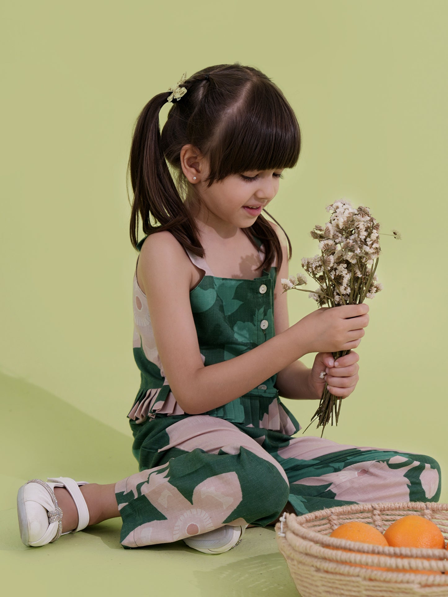 AJ Dezines Green Cotton Sleeveless Floral Printed Girls Co-Ords