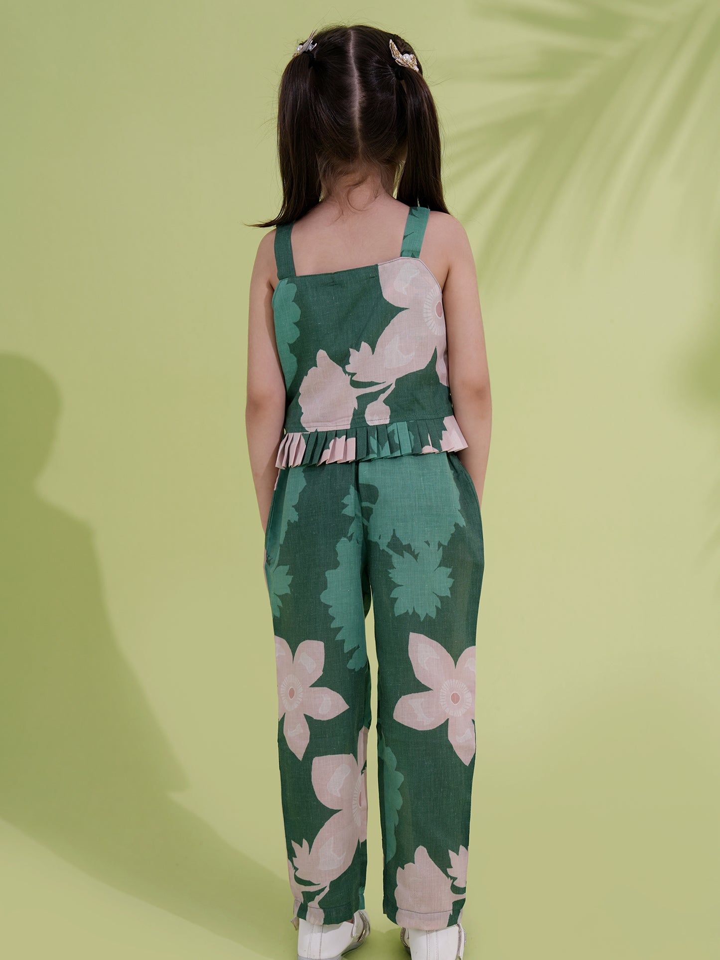 AJ Dezines Green Cotton Sleeveless Floral Printed Girls Co-Ords