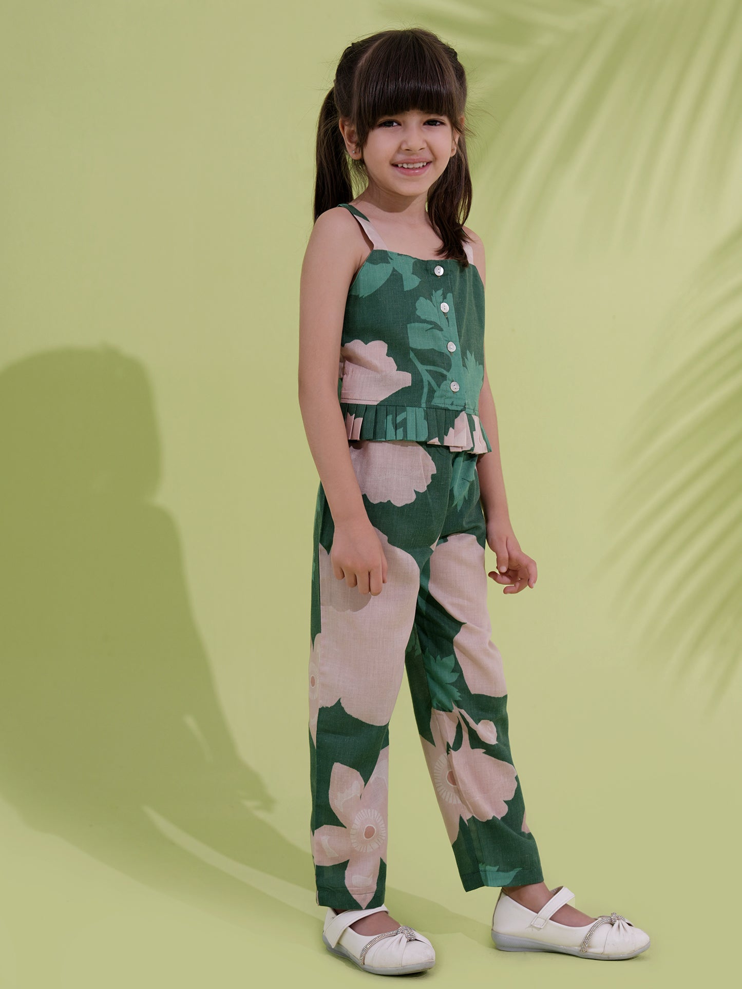AJ Dezines Green Cotton Sleeveless Floral Printed Girls Co-Ords