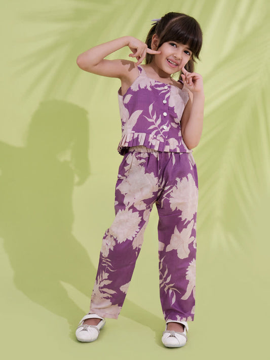 AJ Dezines Purple Cotton Sleeveless Floral Printed Girls Co-Ords