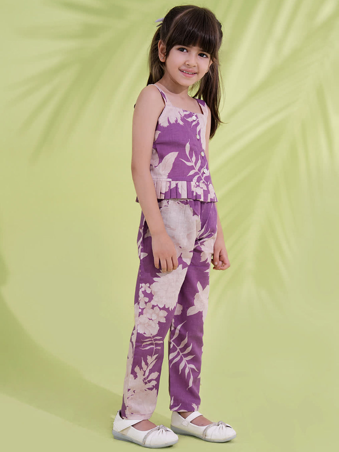 AJ Dezines Purple Cotton Sleeveless Floral Printed Girls Co-Ords