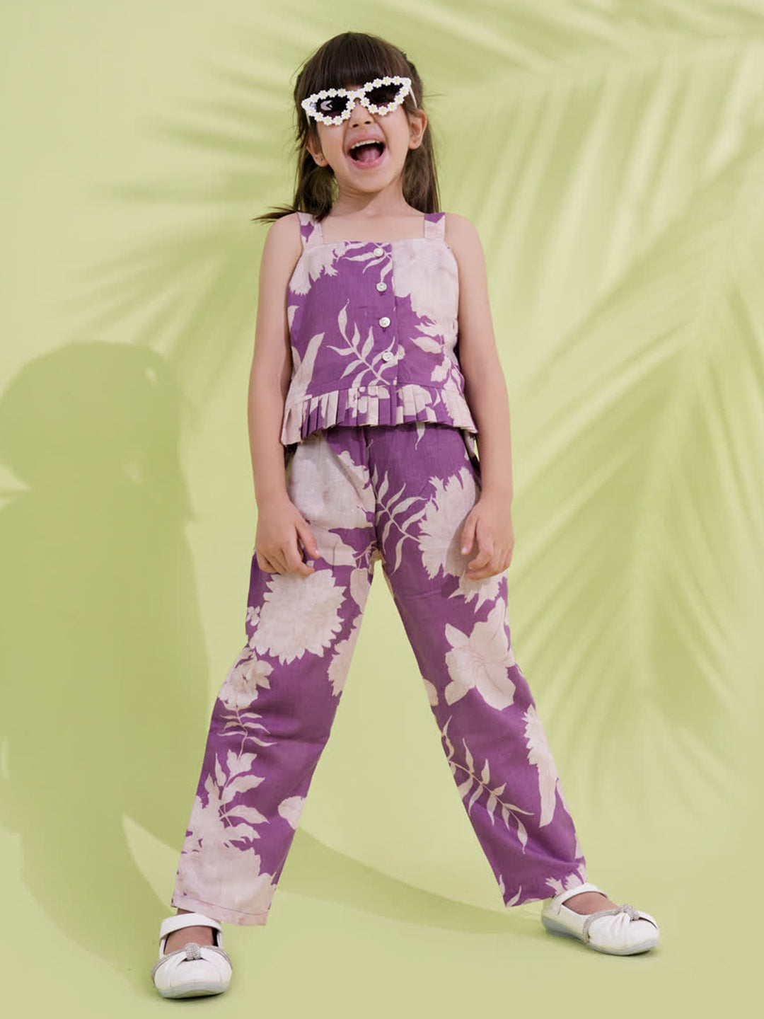 AJ Dezines Purple Cotton Sleeveless Floral Printed Girls Co-Ords