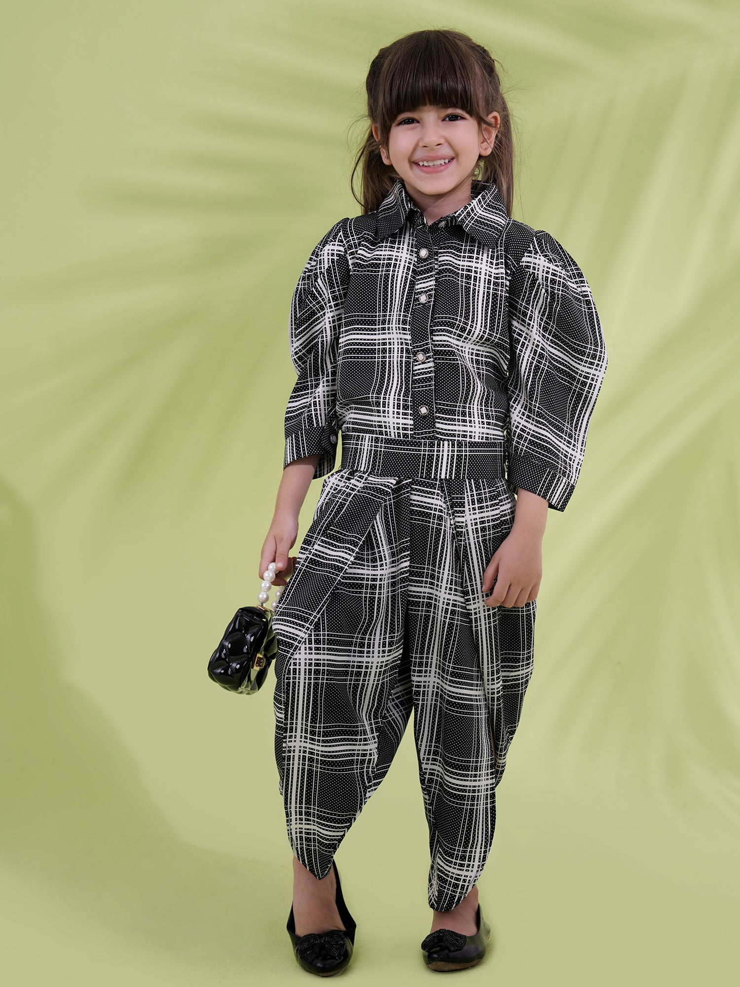 Black Cotton Blend 3-4th Sleeves Check Print Girls Co-Ords