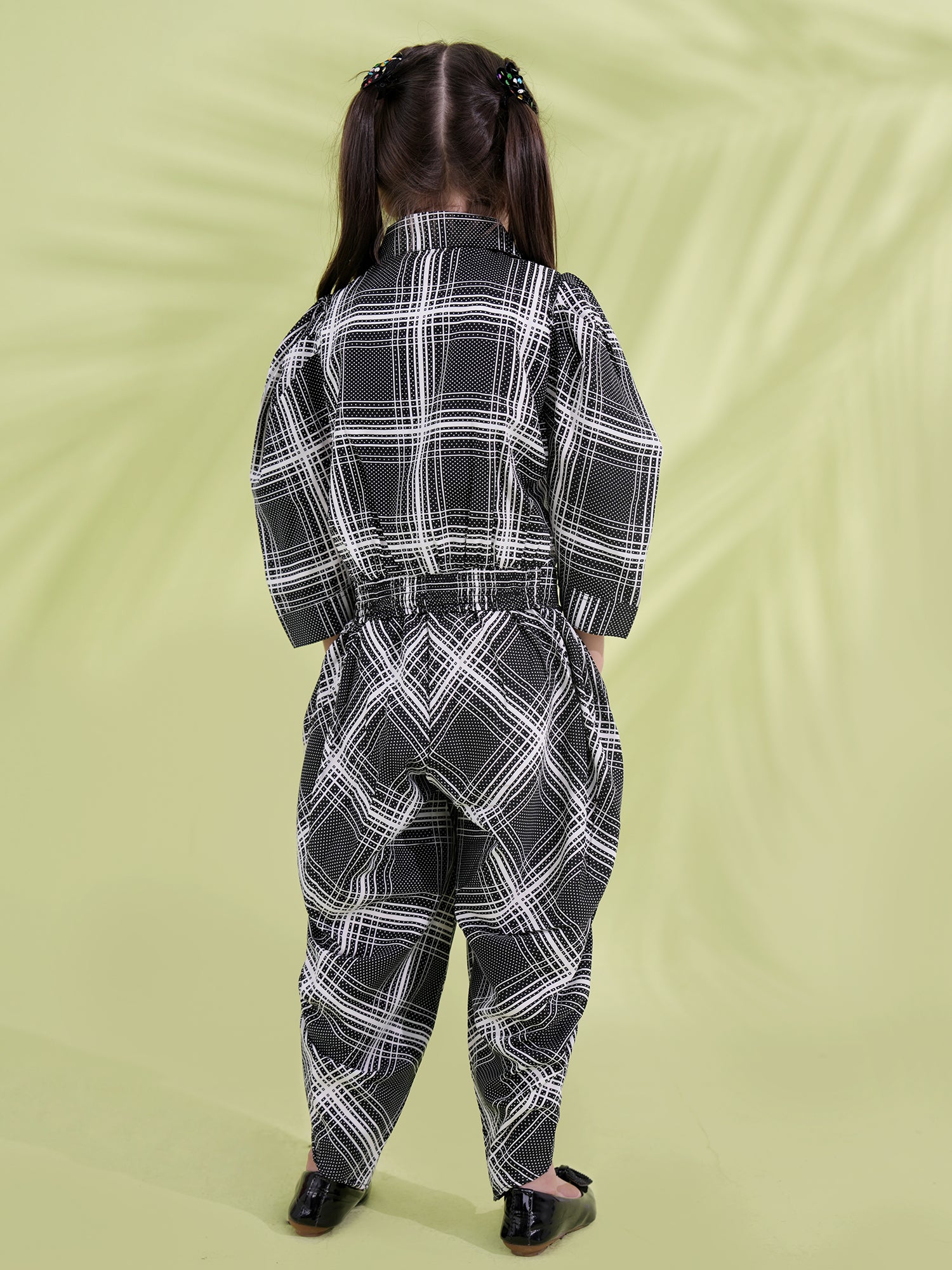 Black Cotton Blend 3-4th Sleeves Check Print Girls Co-Ords