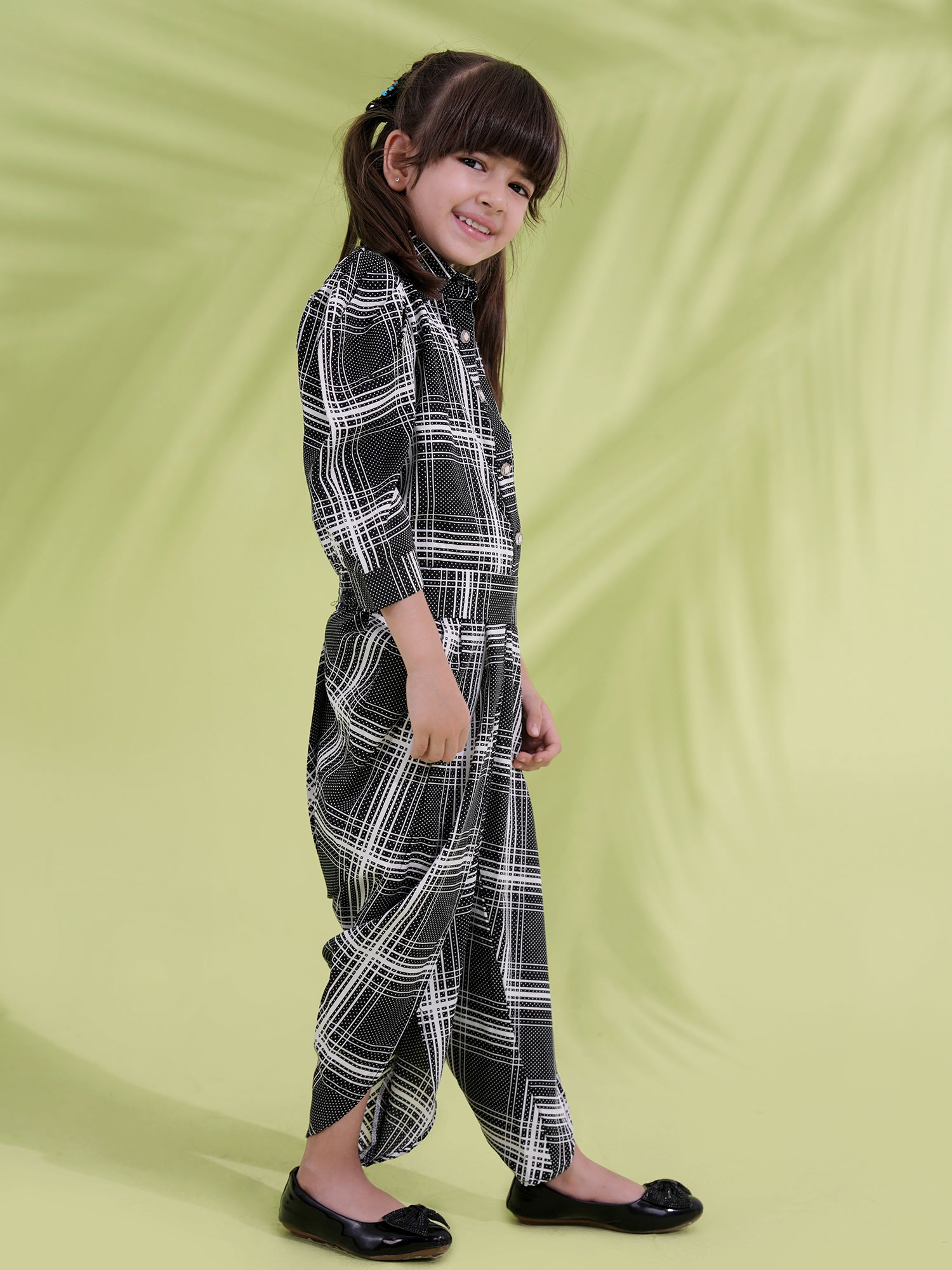 Black Cotton Blend 3-4th Sleeves Check Print Girls Co-Ords - AJ Dezines