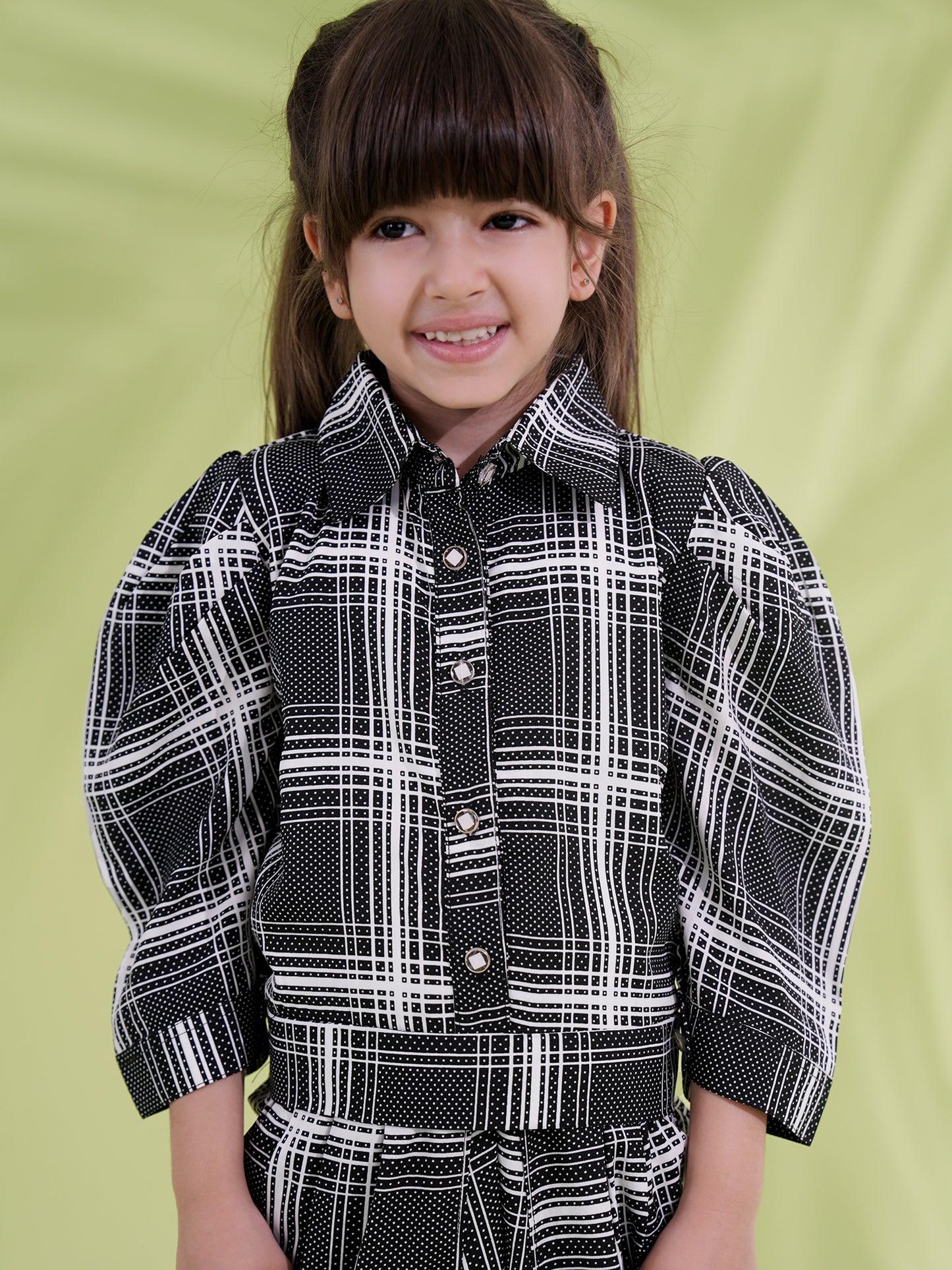 AJ Dezines Black Cotton Blend 3-4th Sleeves Check Print Girls Co-Ords
