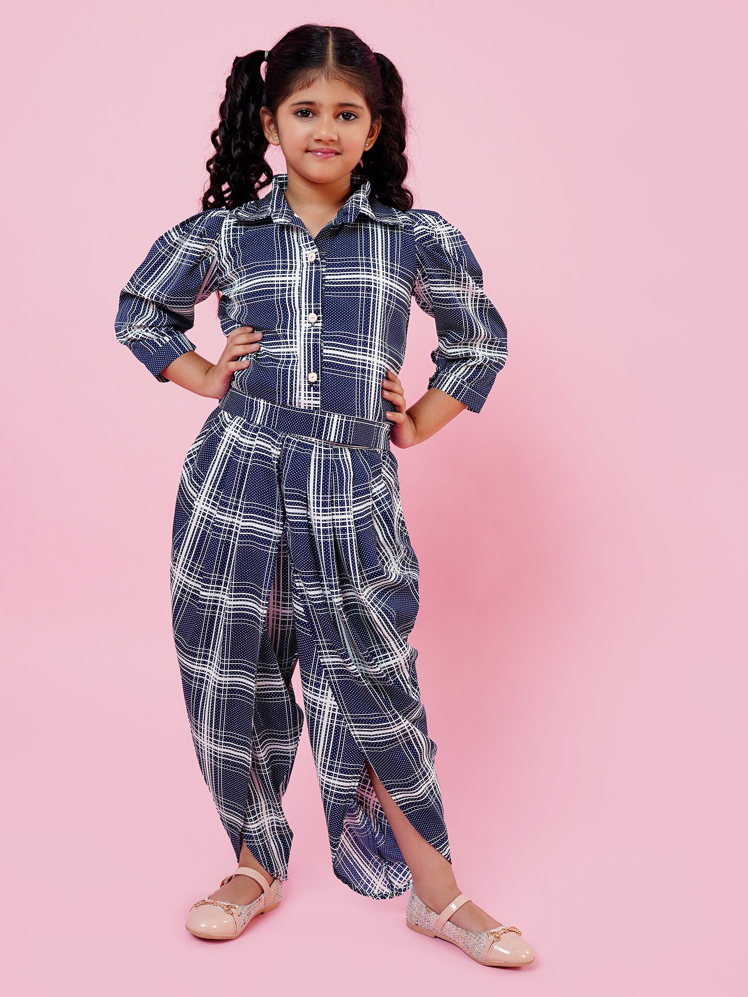 Blue Cotton Blend 3-4th Sleeves Check Print Girls Co-Ords