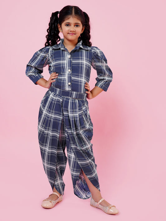 AJ Dezines Blue Cotton Blend 3-4th Sleeves Check Print Girls Co-Ords