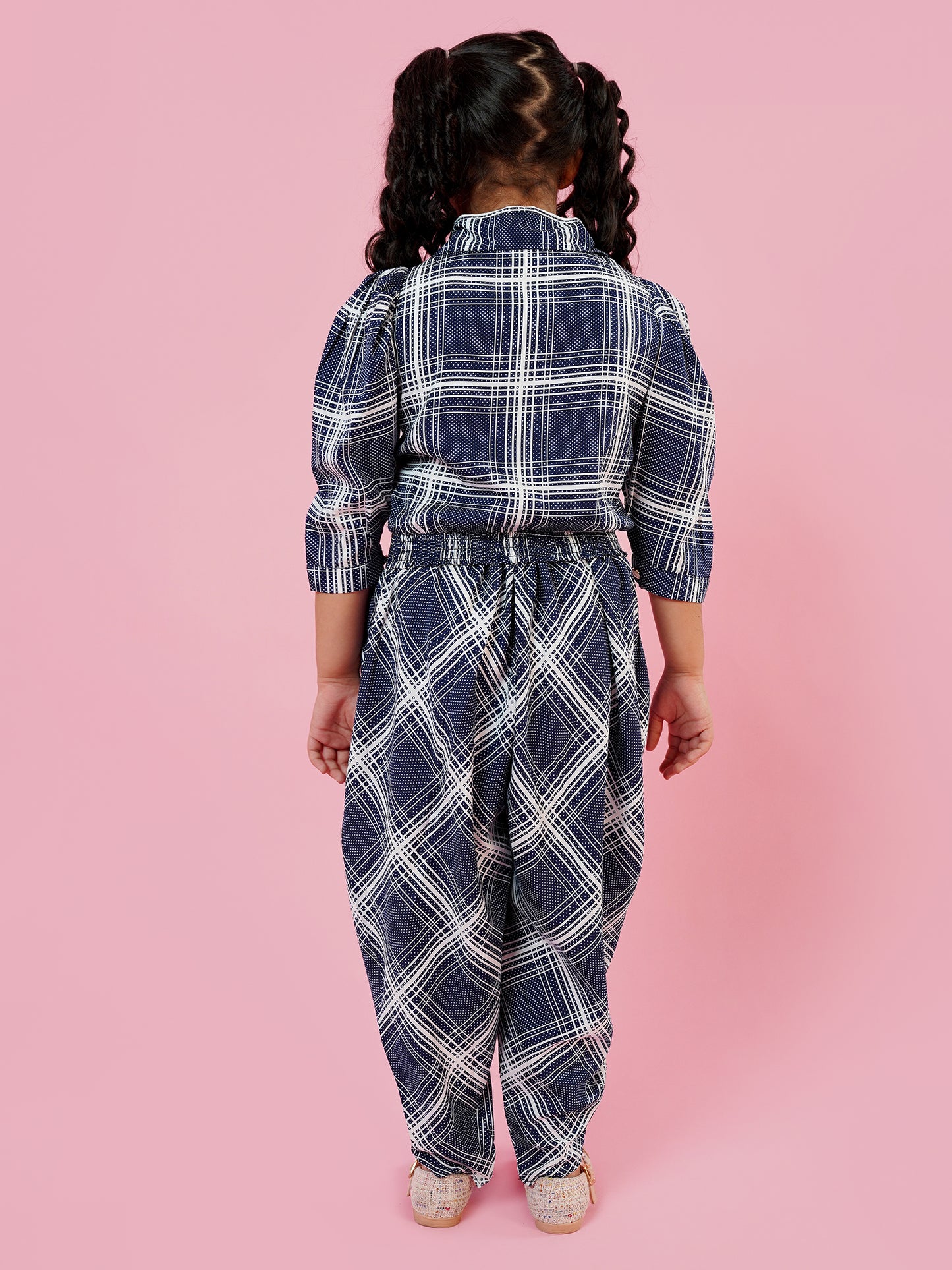 AJ Dezines Blue Cotton Blend 3-4th Sleeves Check Print Girls Co-Ords