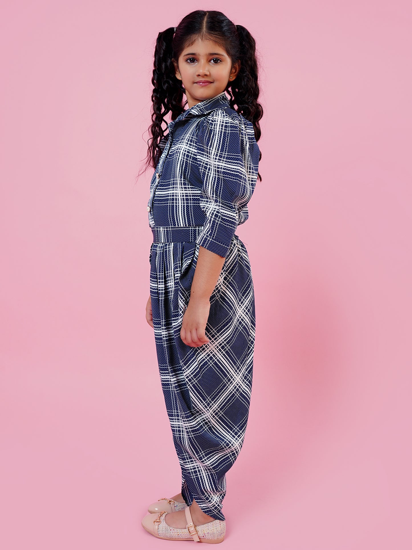 AJ Dezines Blue Cotton Blend 3-4th Sleeves Check Print Girls Co-Ords