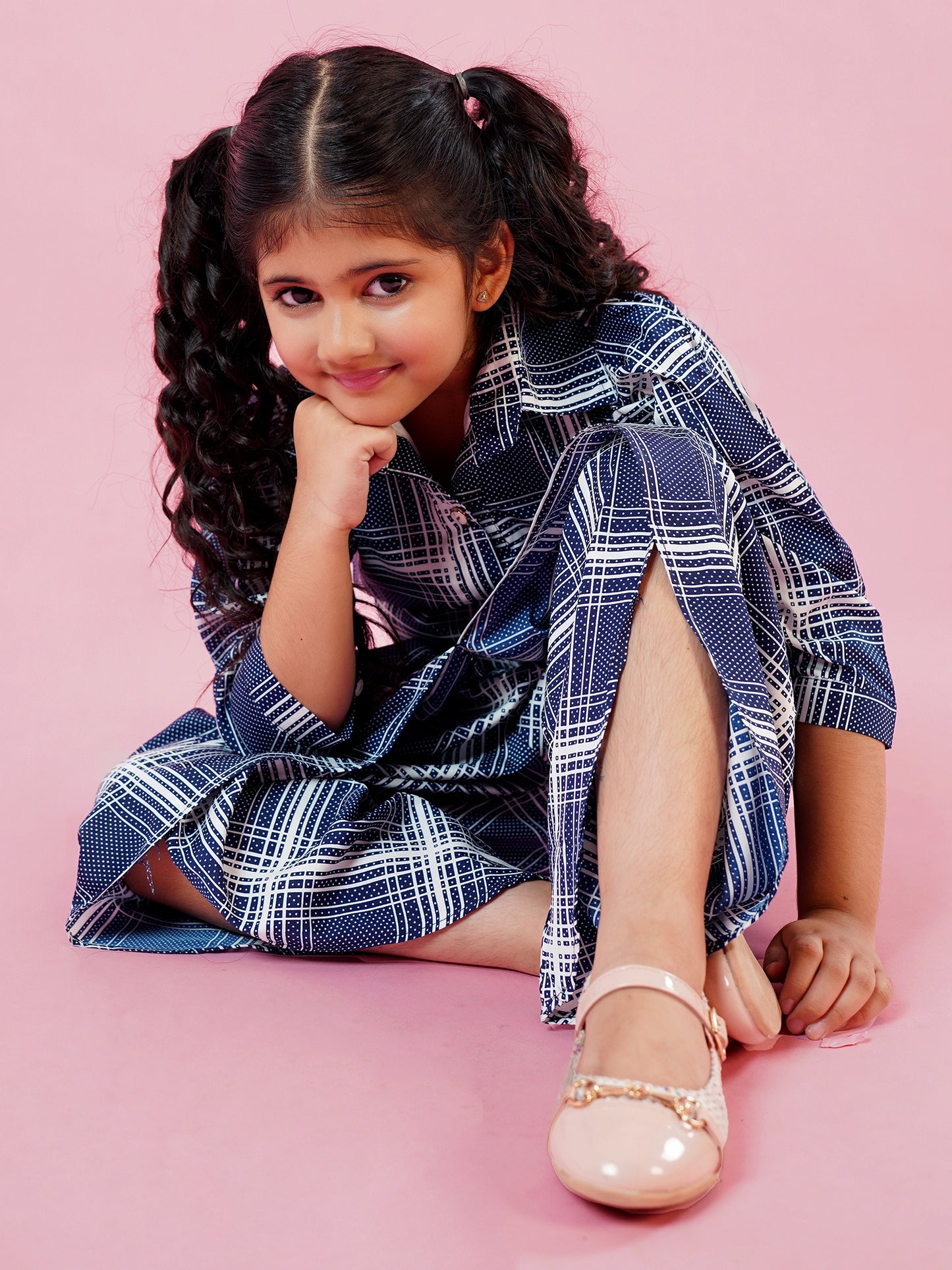 AJ Dezines Blue Cotton Blend 3-4th Sleeves Check Print Girls Co-Ords