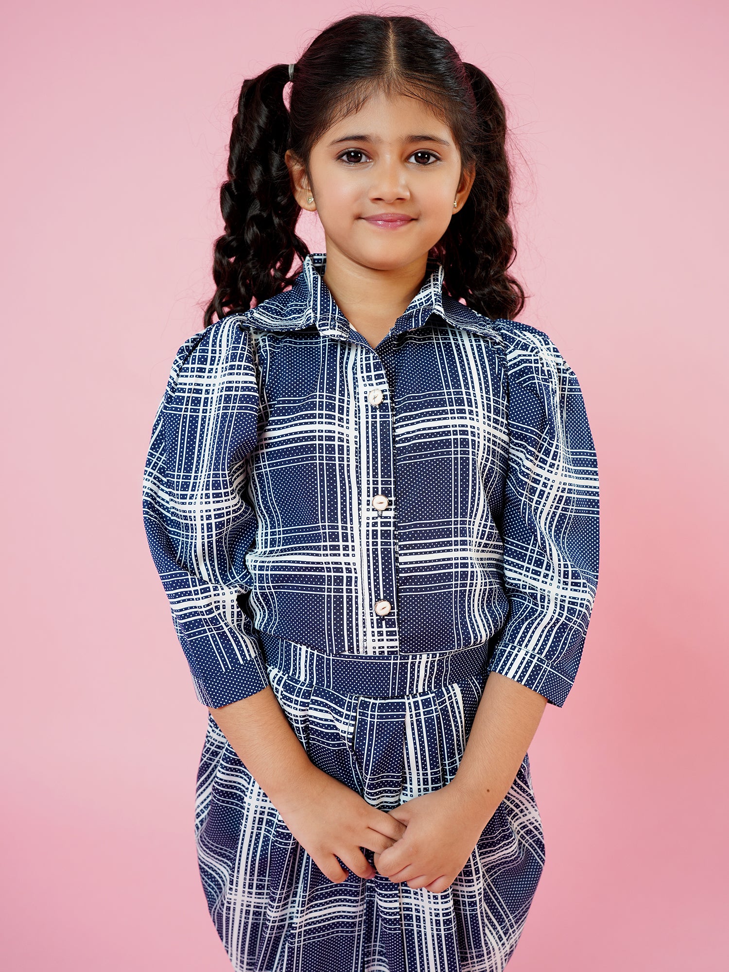 Blue Cotton Blend 3-4th Sleeves Check Print Girls Co-Ords - AJ Dezines
