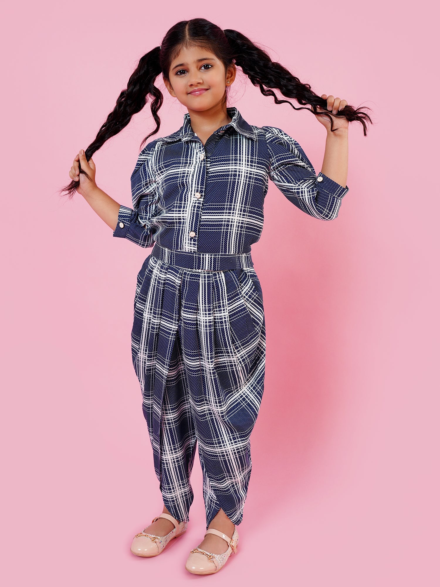 Blue Cotton Blend 3-4th Sleeves Check Print Girls Co-Ords - AJ Dezines