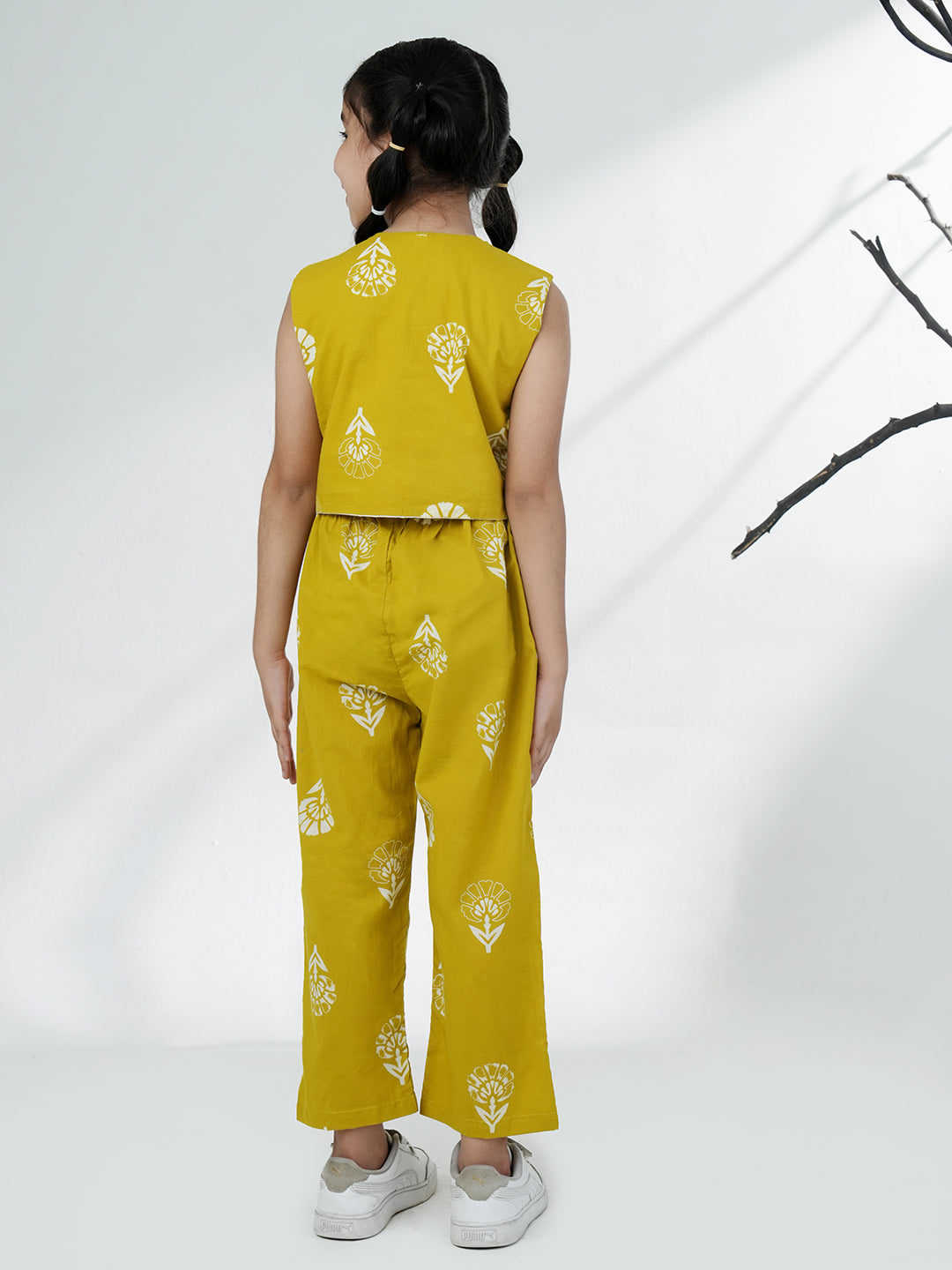 AJ Dezines Green Cotton Sleeveless Printed Girls Co-Ords