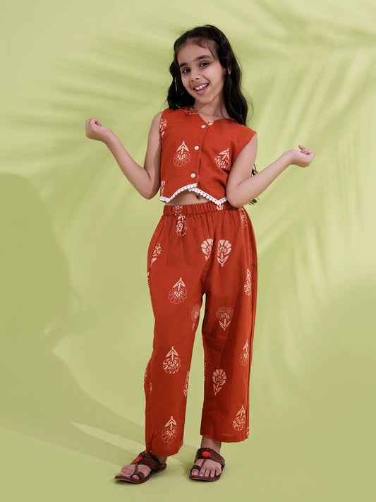 AJ Dezines Rust Cotton Sleeveless Printed Girls Co-Ords