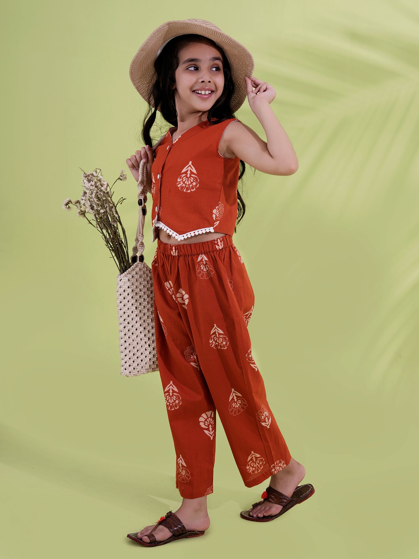 AJ Dezines Rust Cotton Sleeveless Printed Girls Co-Ords