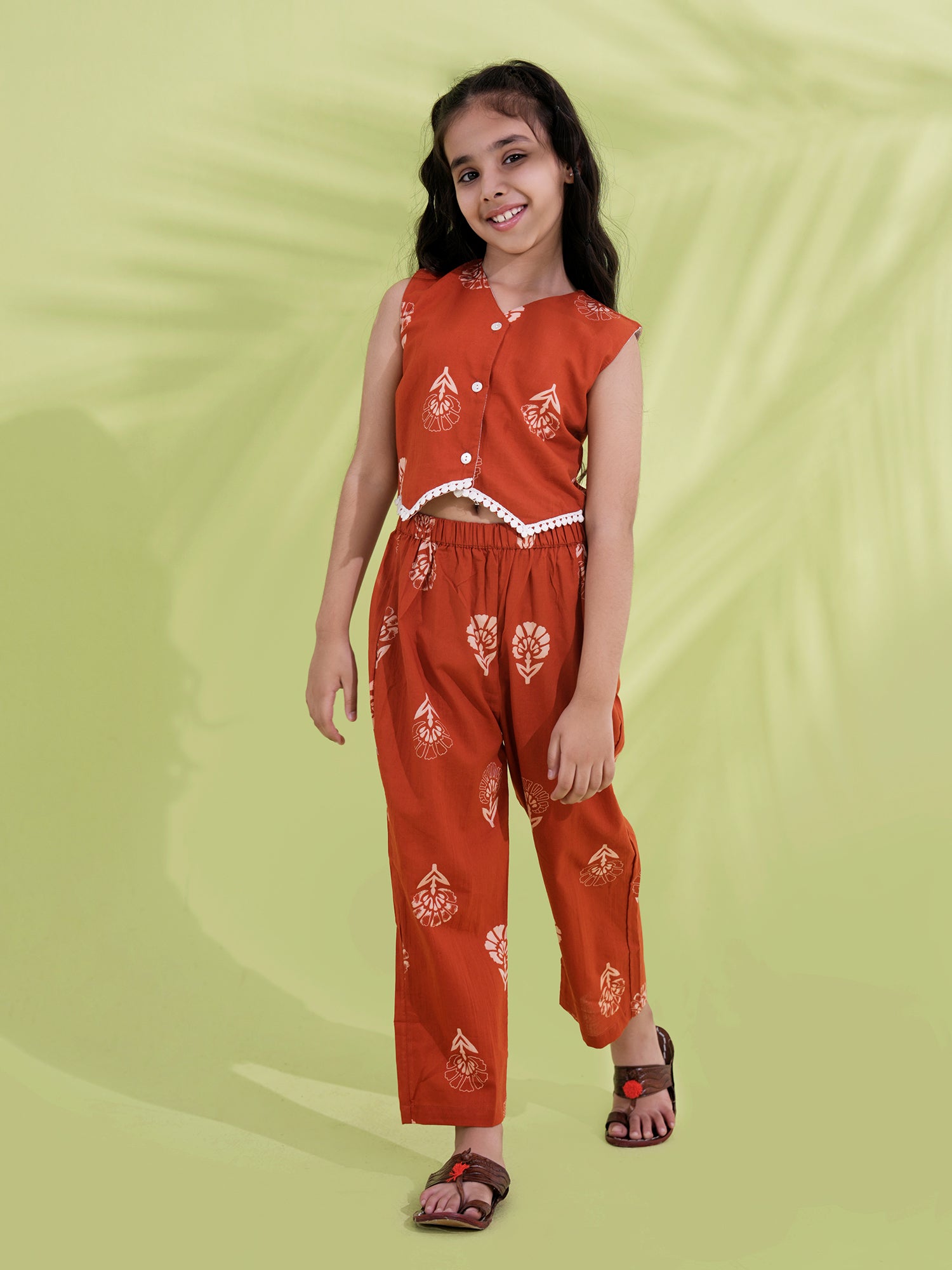 Rust Cotton Sleeveless Printed Girls Co-Ords - AJ Dezines