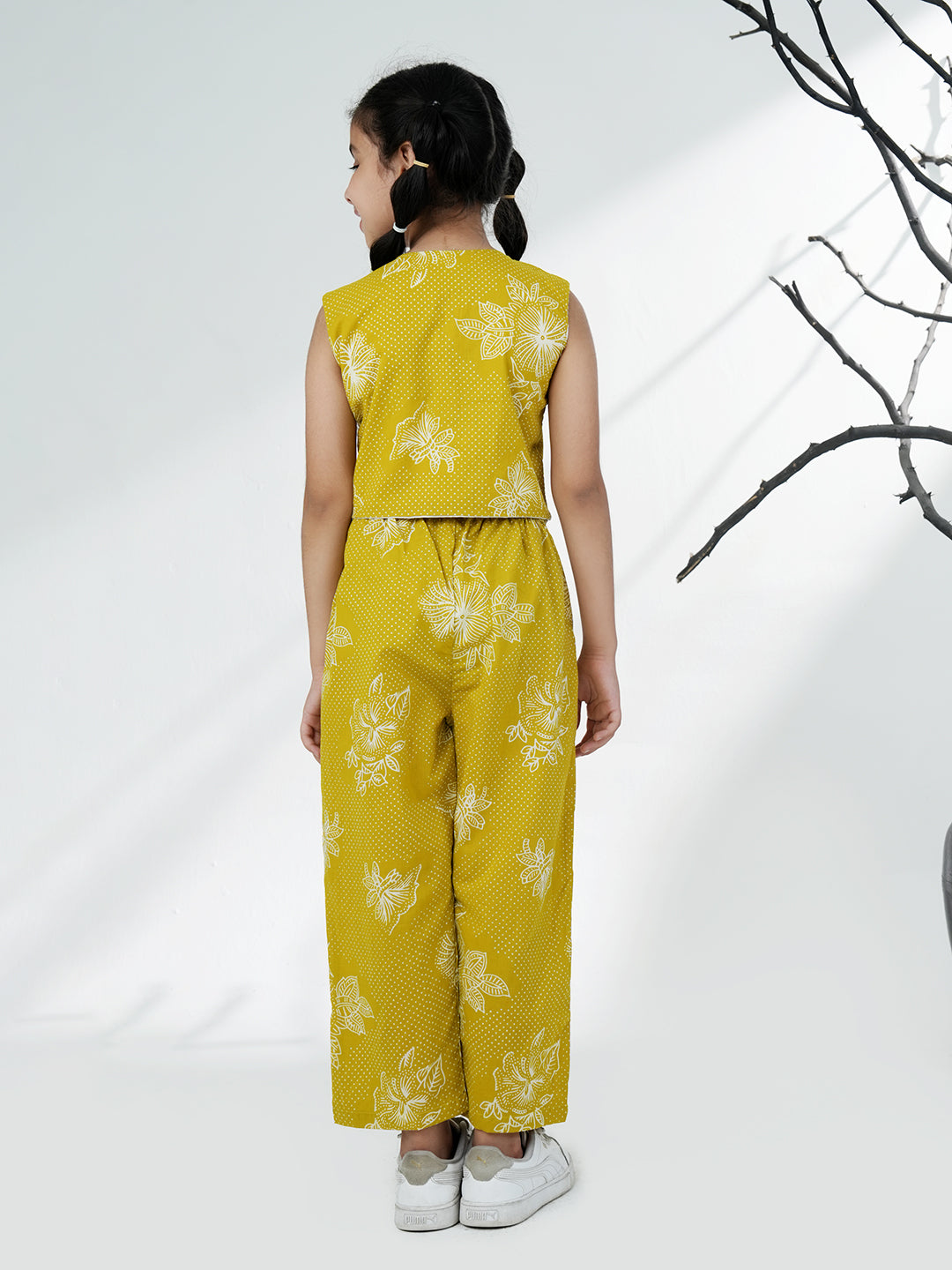 AJ Dezines Green Cotton Sleeveless Printed Girls Co-Ords