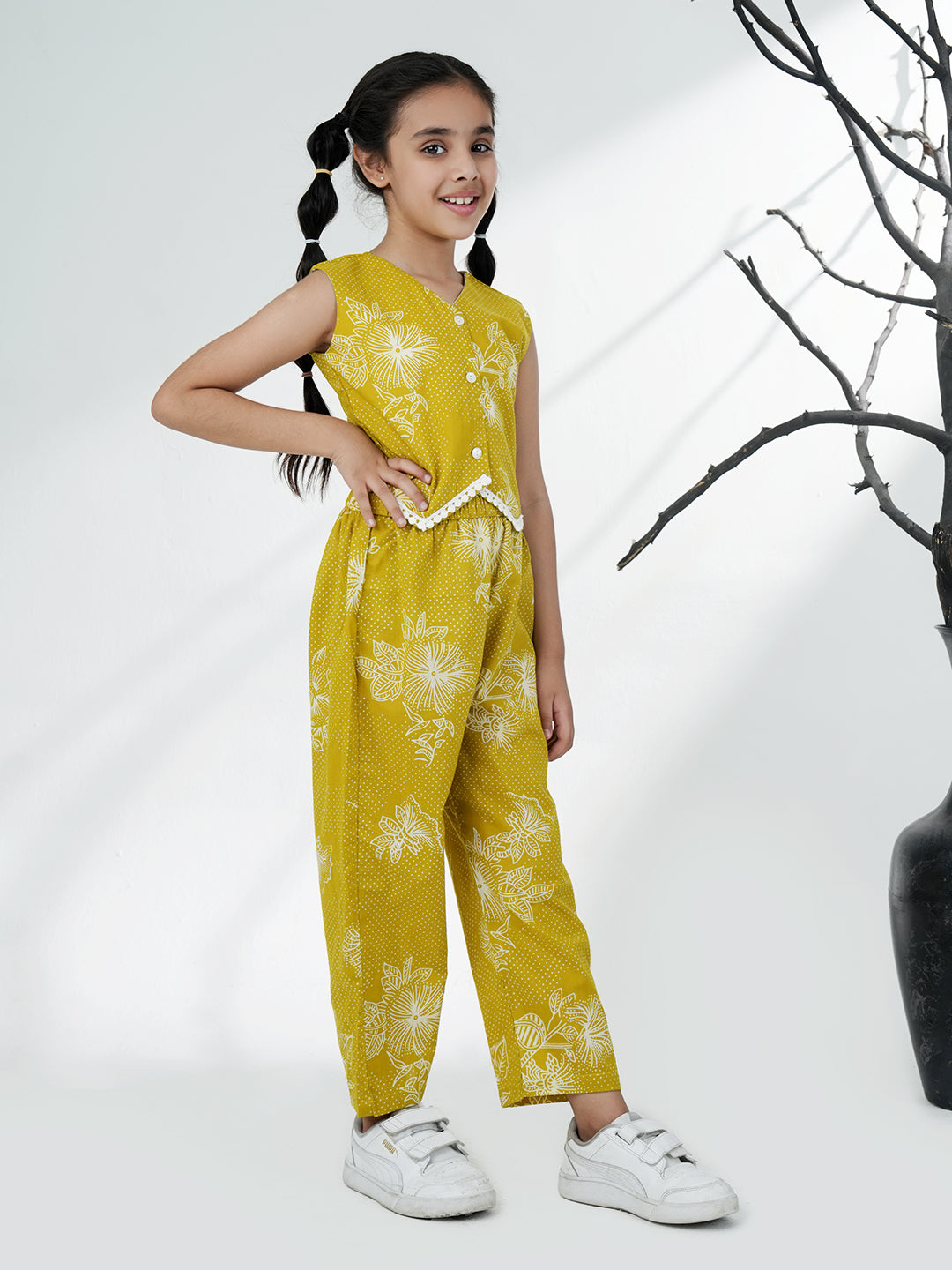 AJ Dezines Green Cotton Sleeveless Printed Girls Co-Ords