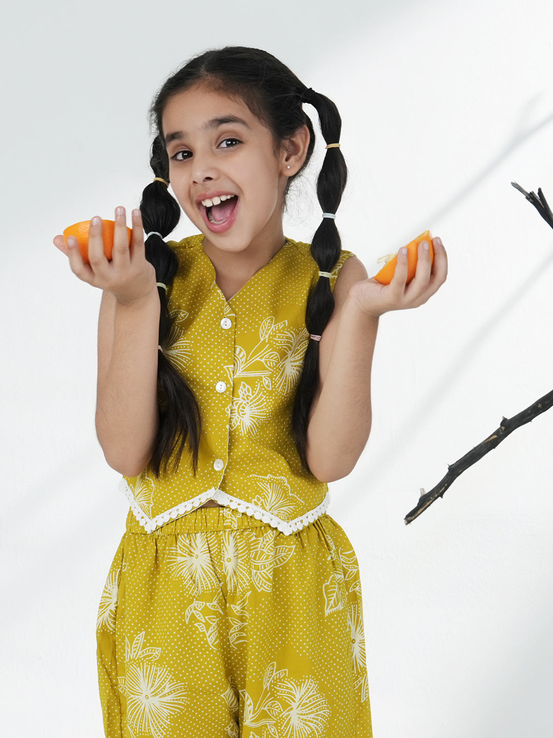 AJ Dezines Green Cotton Sleeveless Printed Girls Co-Ords