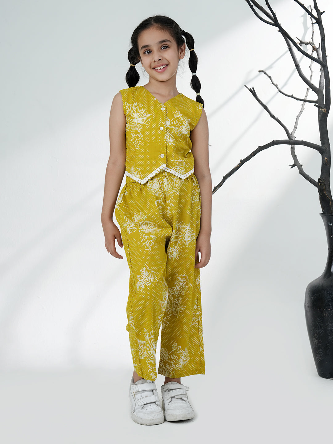 AJ Dezines Green Cotton Sleeveless Printed Girls Co-Ords