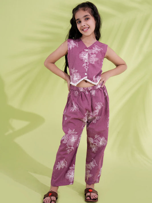 AJ Dezines Purple Cotton Sleeveless Printed Girls Co-Ords