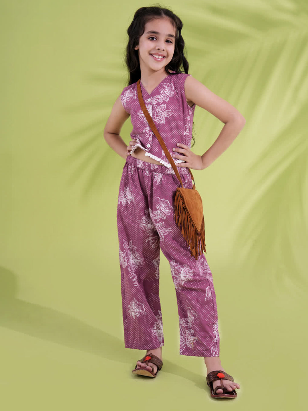 Purple Cotton Sleeveless Printed Girls Co-Ords - AJ Dezines