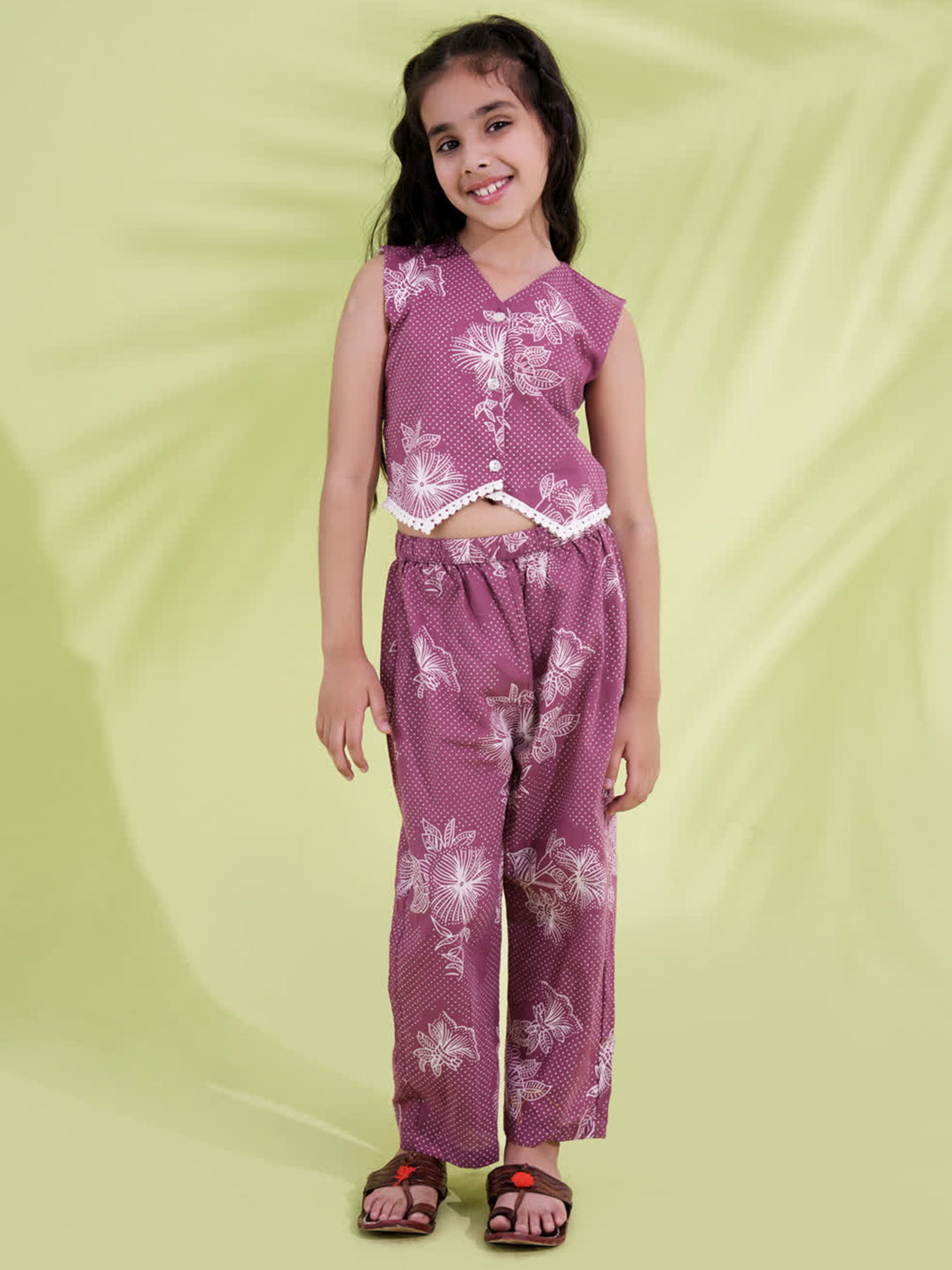 AJ Dezines Purple Cotton Sleeveless Printed Girls Co-Ords