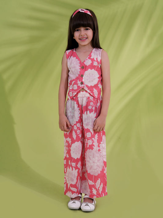 AJ Dezines Pink Cotton Sleeveless Floral Printed Girls Co-Ords with Hairband