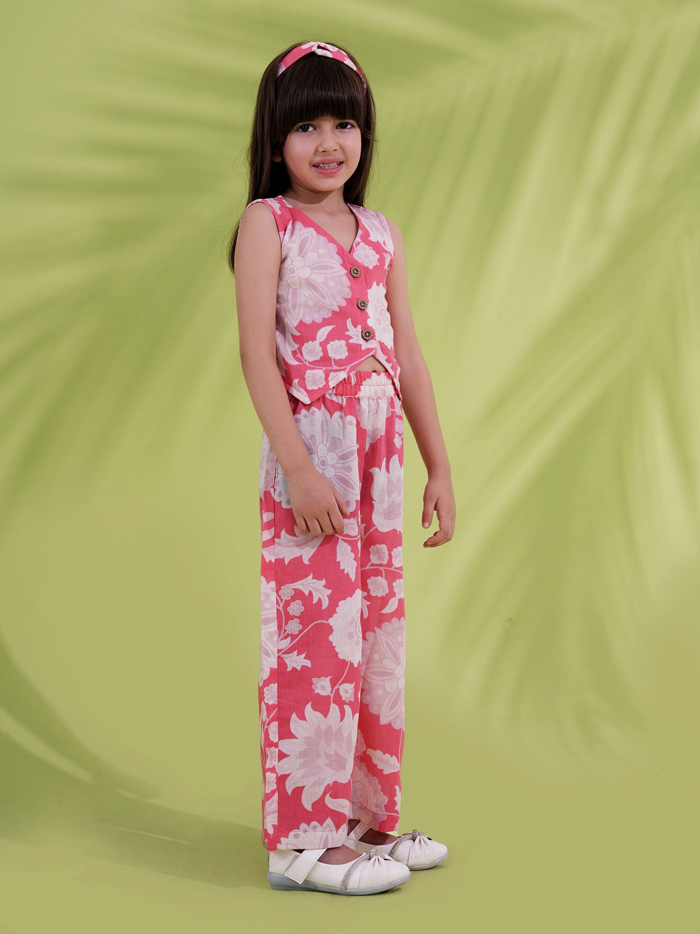 AJ Dezines Pink Cotton Sleeveless Floral Printed Girls Co-Ords with Hairband