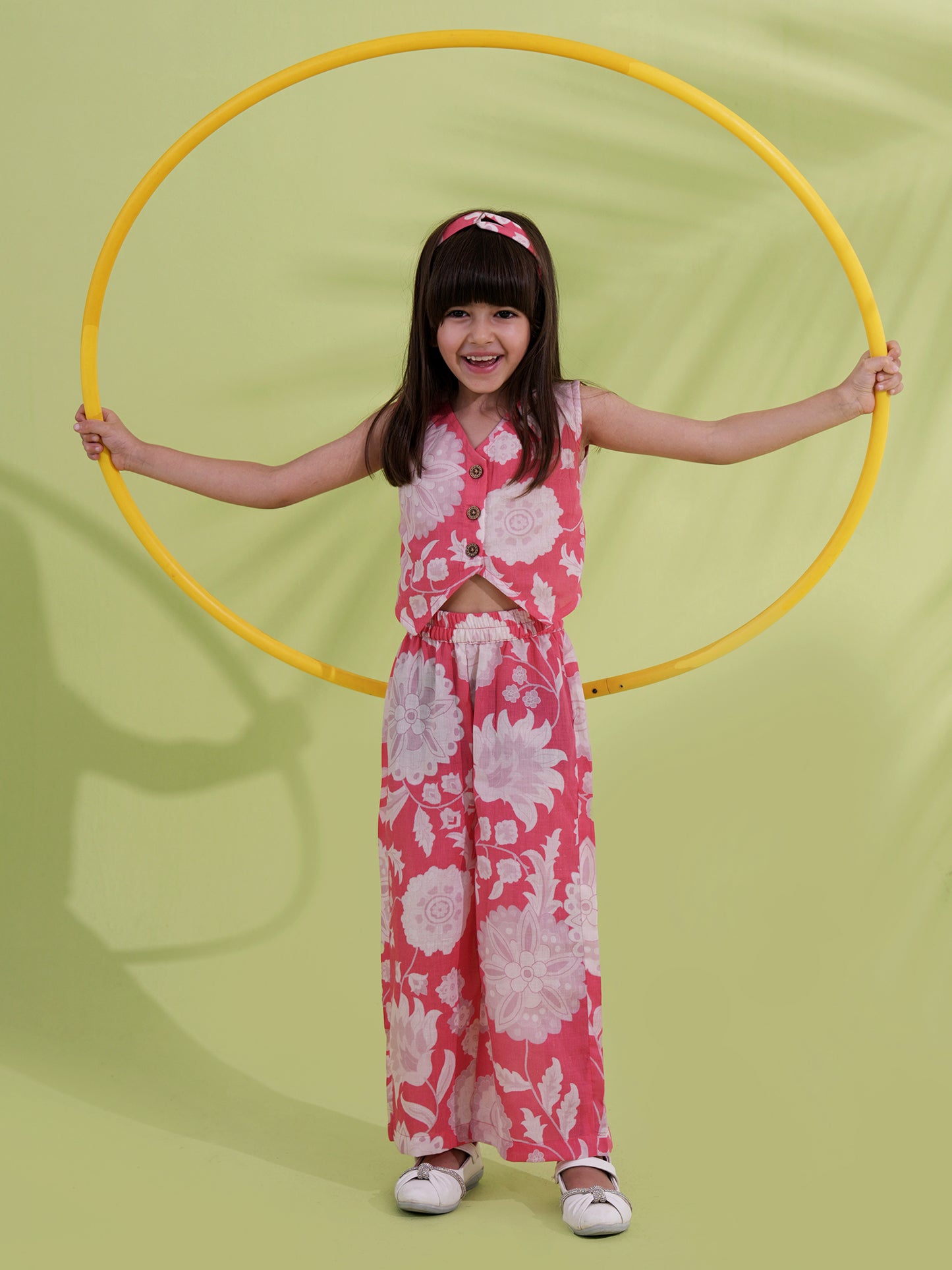 AJ Dezines Pink Cotton Sleeveless Floral Printed Girls Co-Ords with Hairband