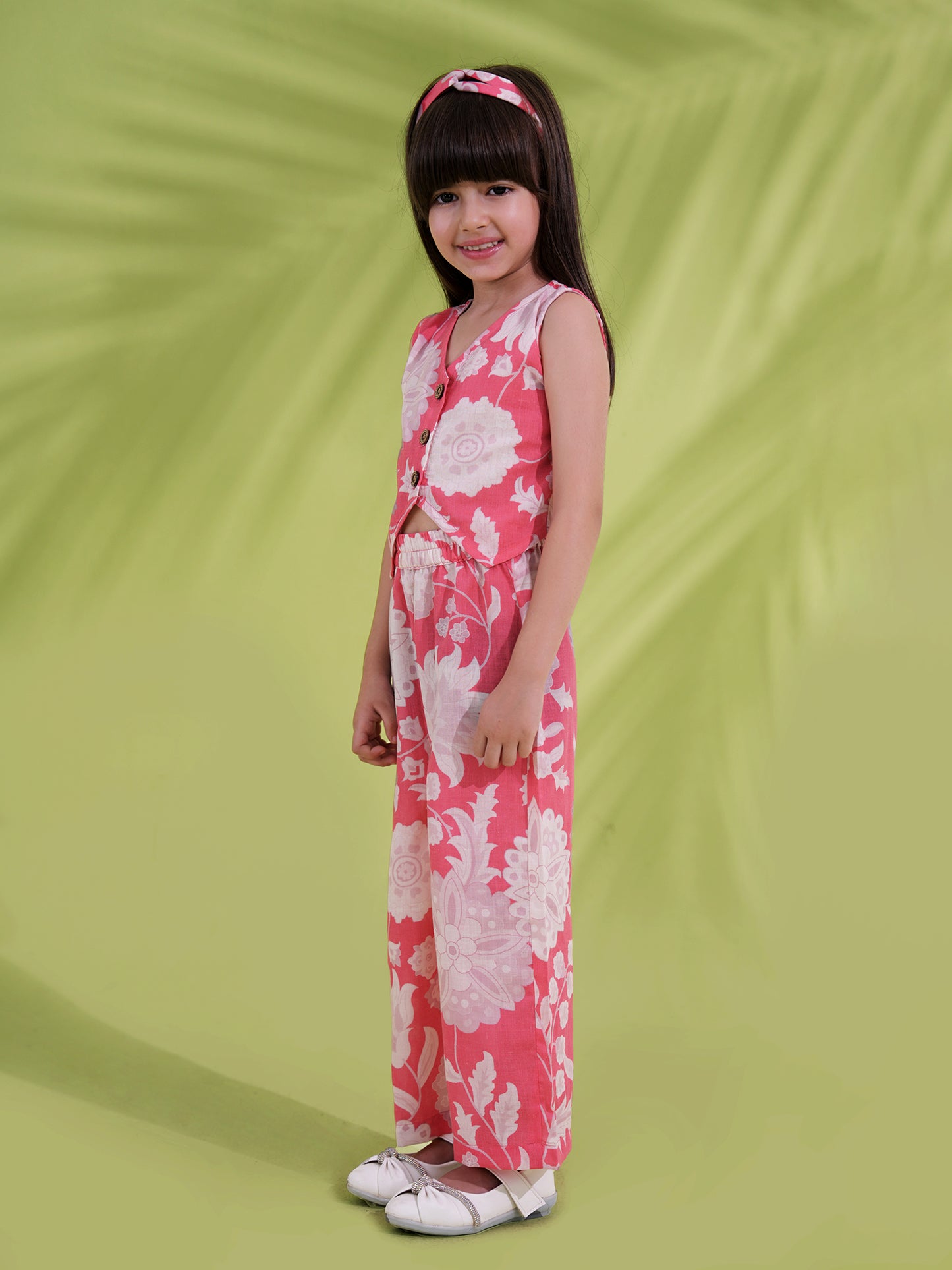 AJ Dezines Pink Cotton Sleeveless Floral Printed Girls Co-Ords with Hairband