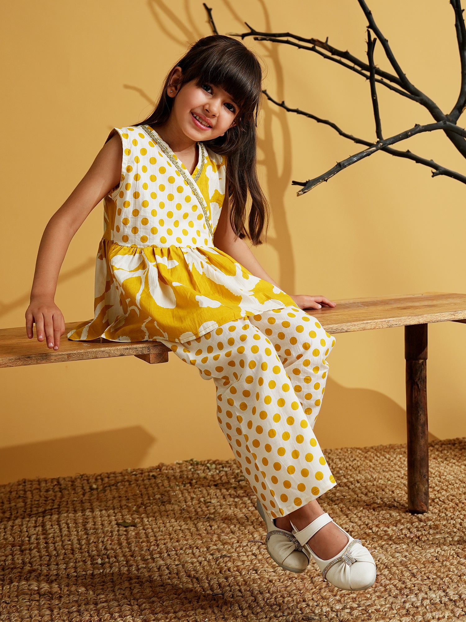Mustard Cotton Sleeveless Polka Dot Print Girls Co-Ords - AJ Dezines