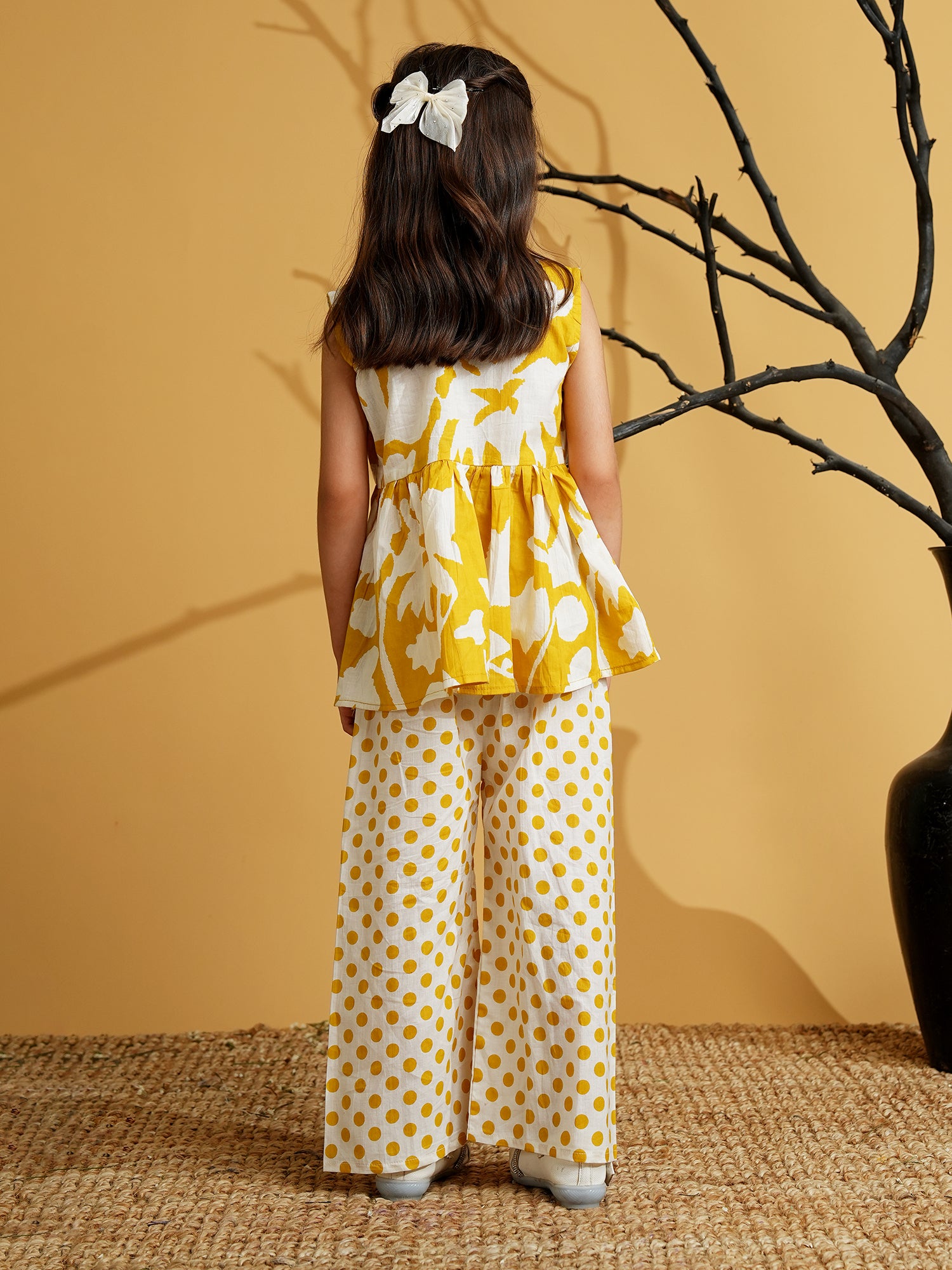 Mustard Cotton Sleeveless Polka Dot Print Girls Co-Ords - AJ Dezines