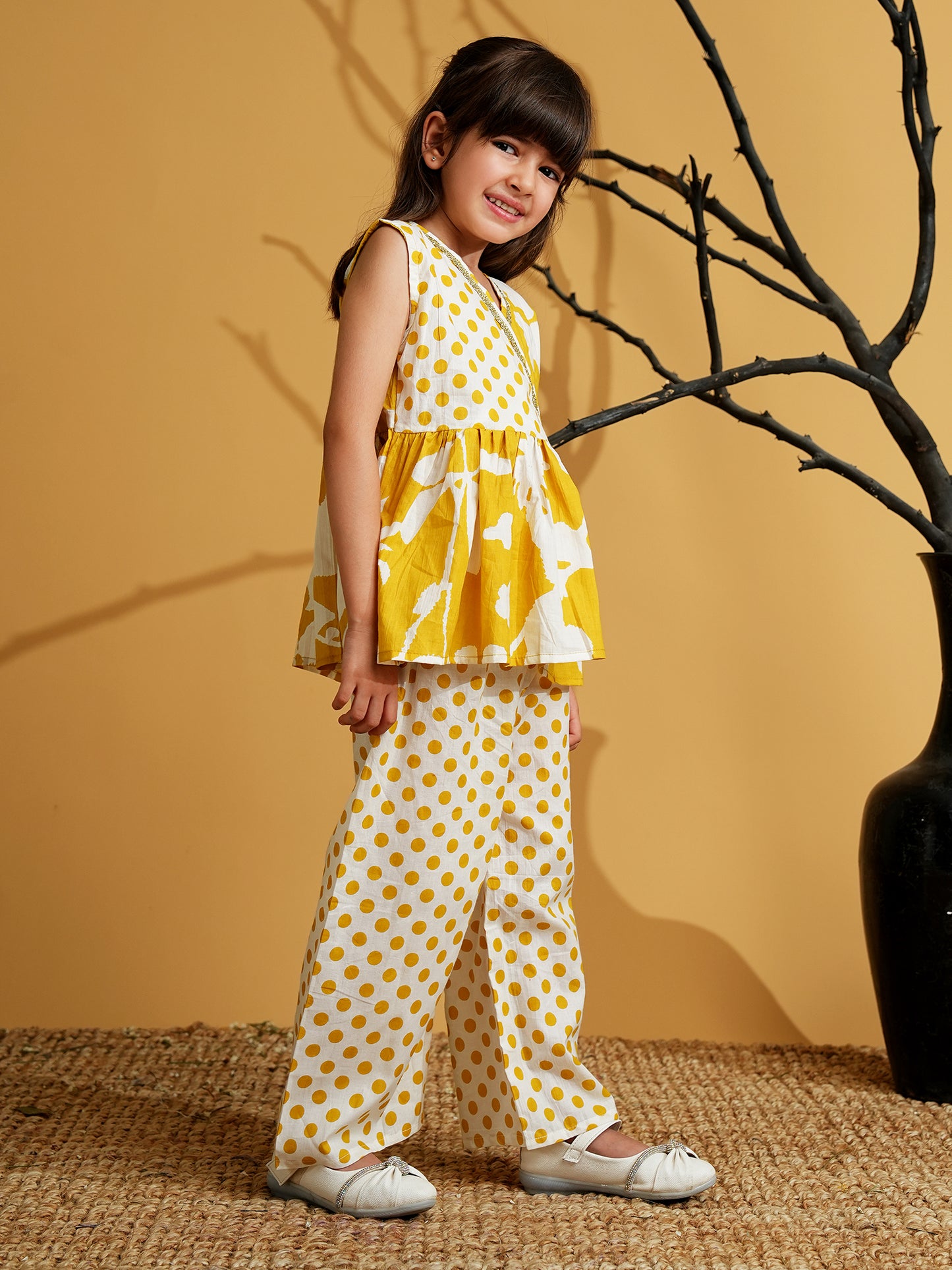 AJ Dezines Mustard Cotton Sleeveless Polka Dot Print Girls Co-Ords