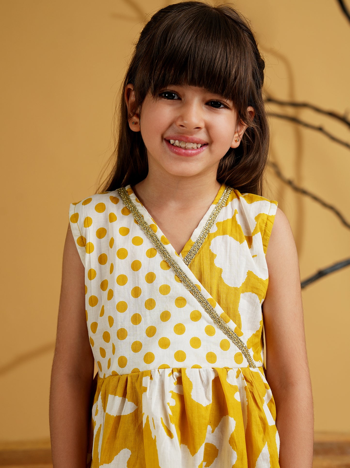 AJ Dezines Mustard Cotton Sleeveless Polka Dot Print Girls Co-Ords