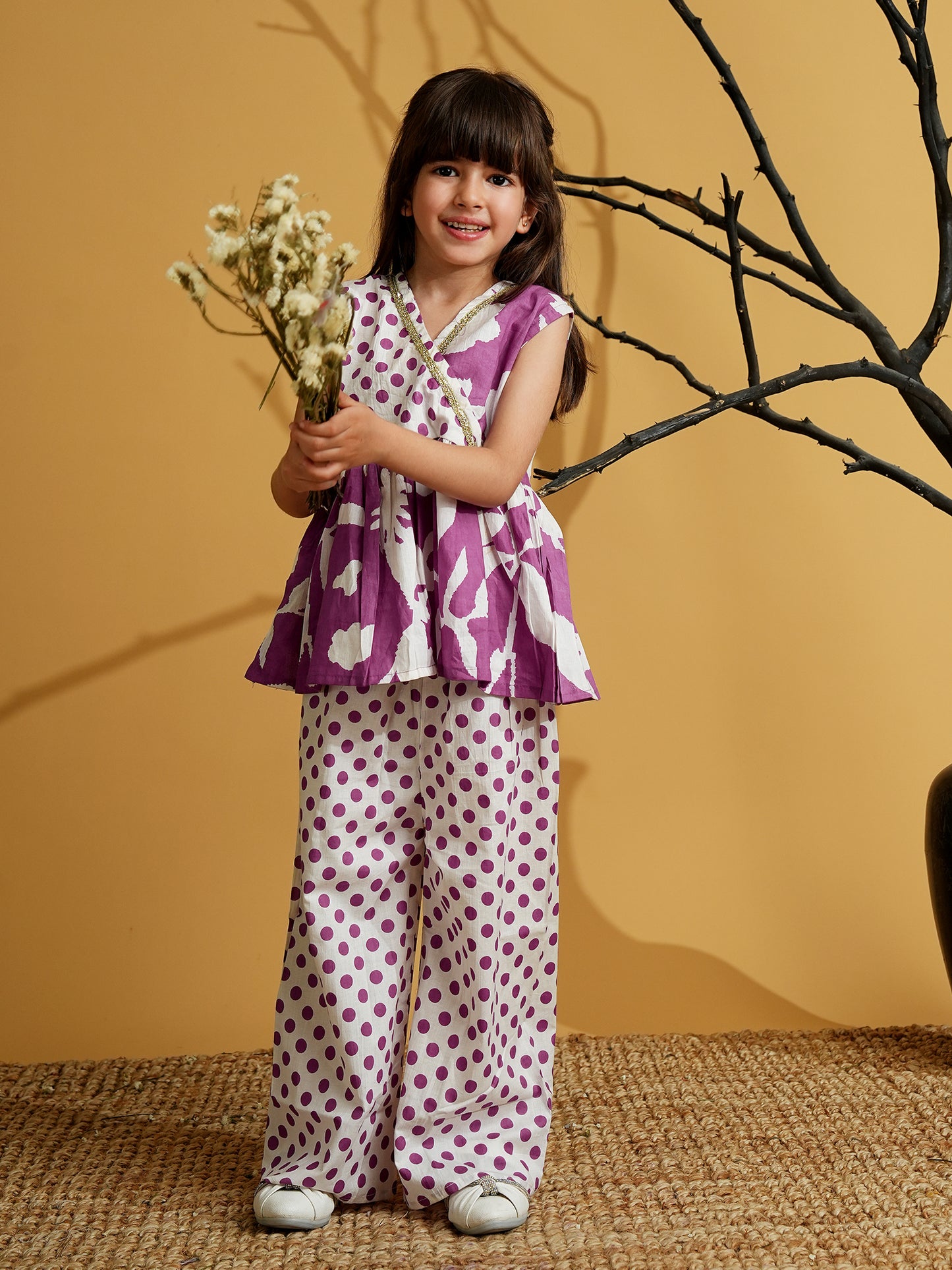 AJ Dezines Purple Cotton Sleeveless Polka Dot Print Girls Co-Ords