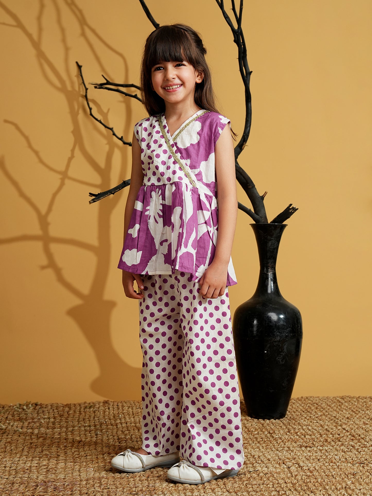 AJ Dezines Purple Cotton Sleeveless Polka Dot Print Girls Co-Ords