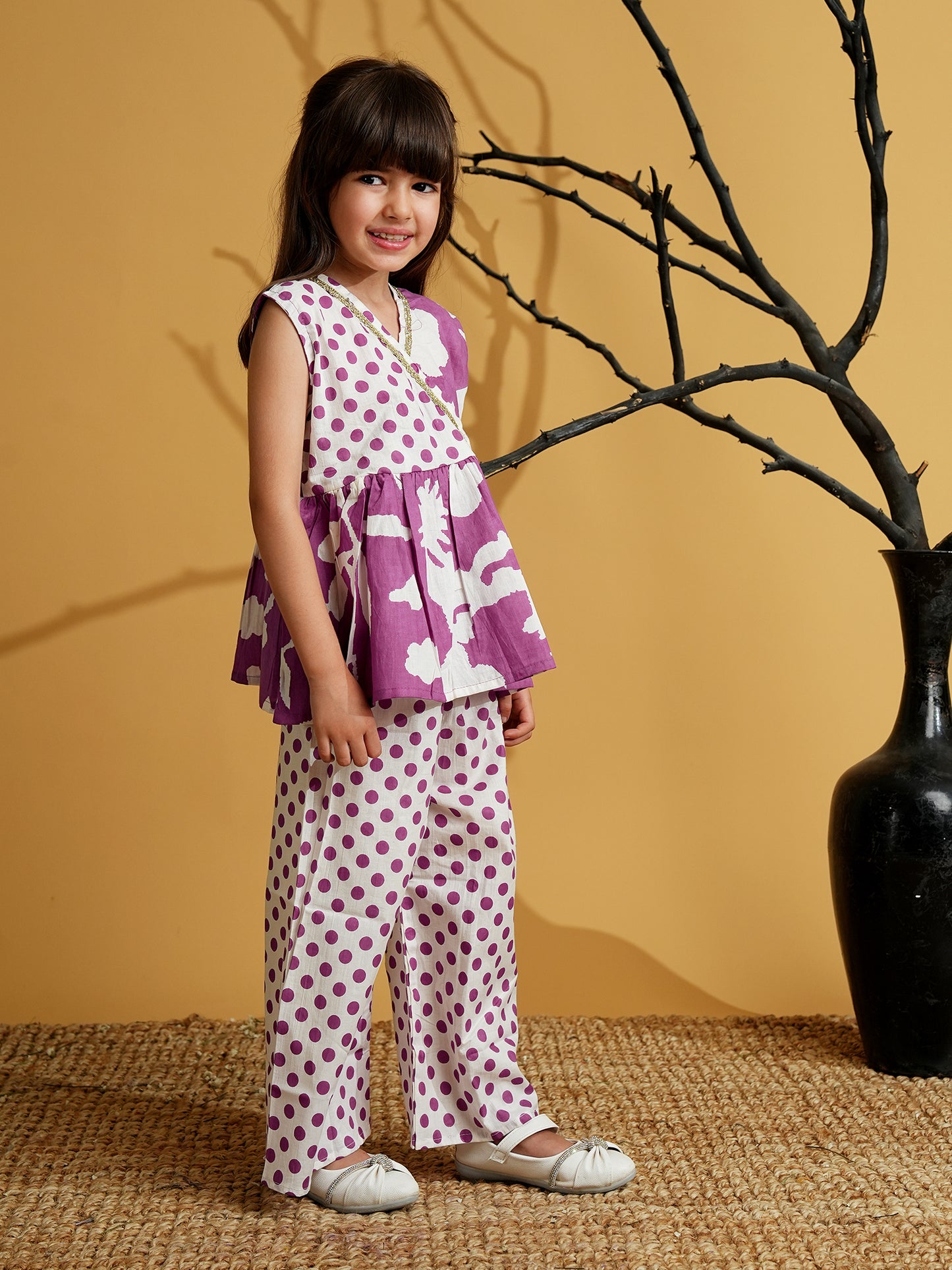 AJ Dezines Purple Cotton Sleeveless Polka Dot Print Girls Co-Ords