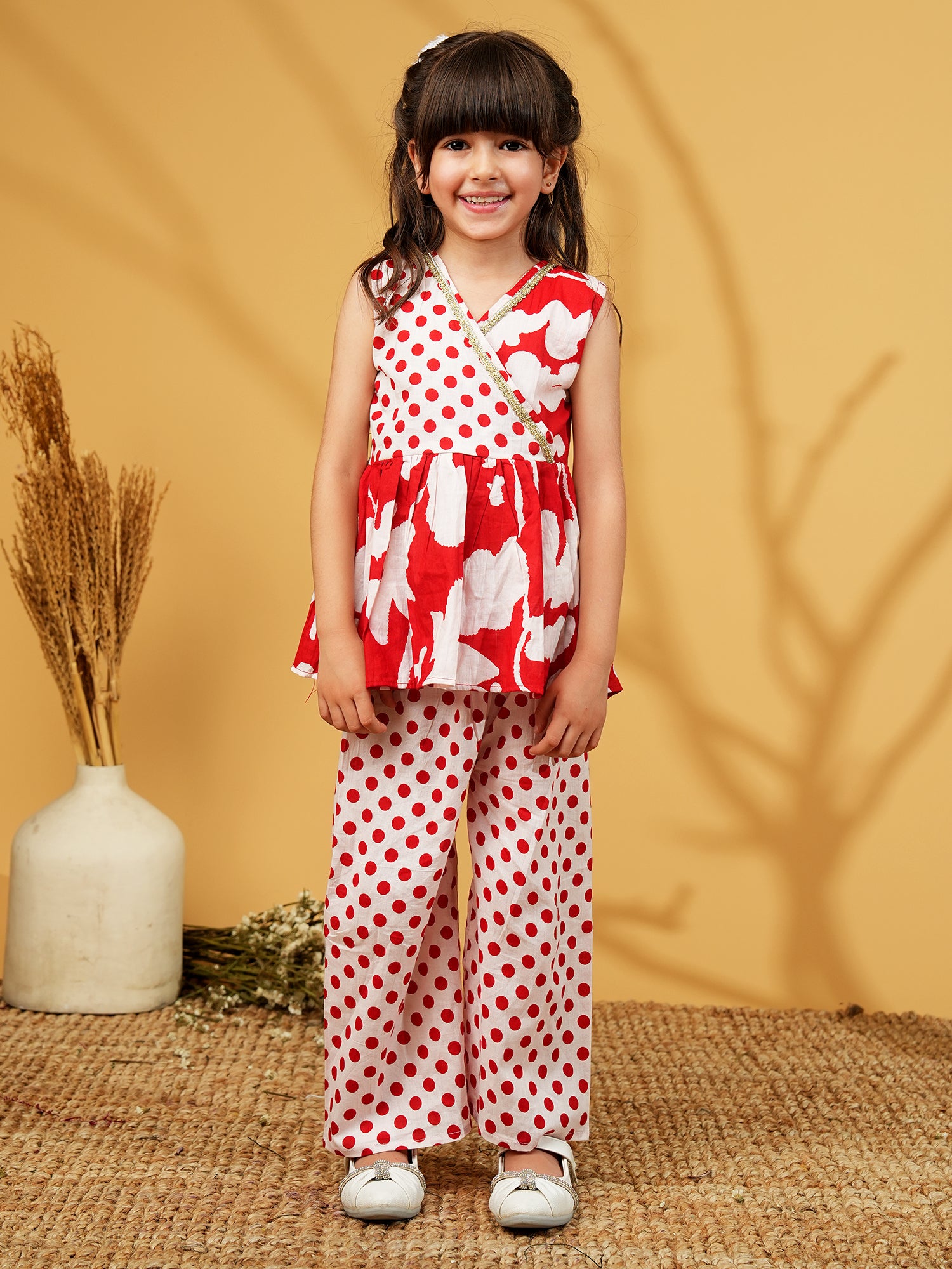 Red Cotton Sleeveless Polka Dot Print Girls Co-Ords