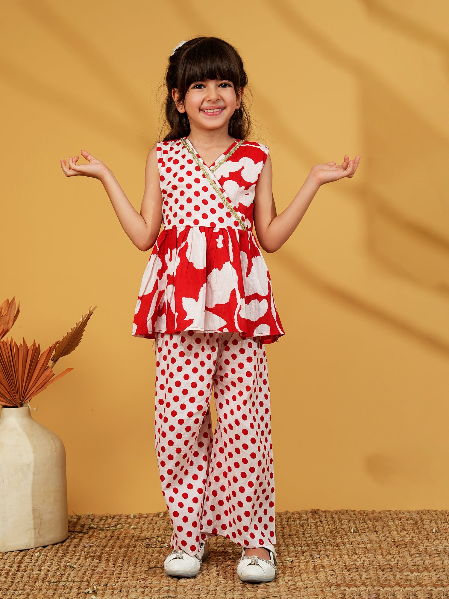 Red Cotton Sleeveless Polka Dot Print Girls Co-Ords