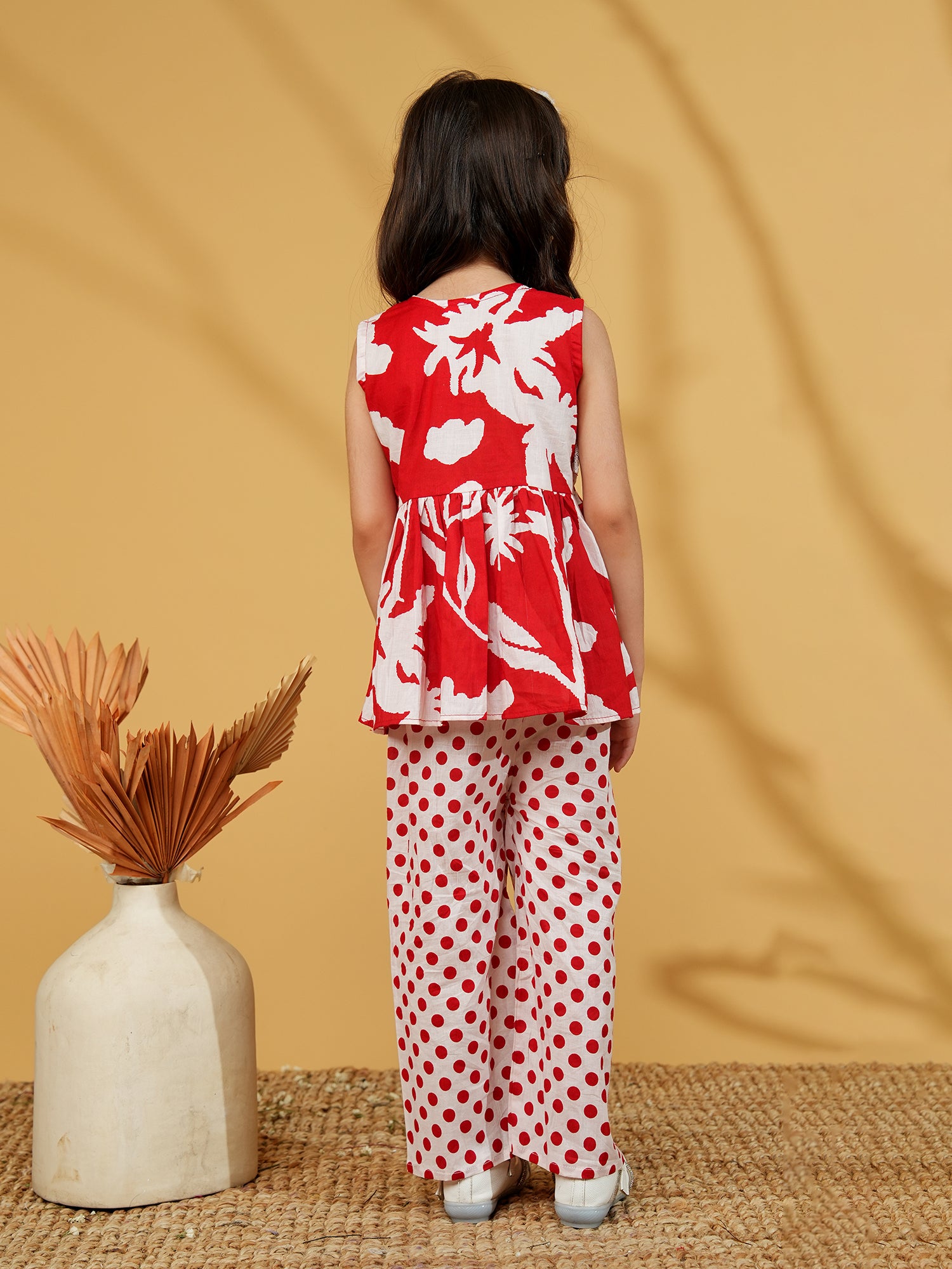 Red Cotton Sleeveless Polka Dot Print Girls Co-Ords