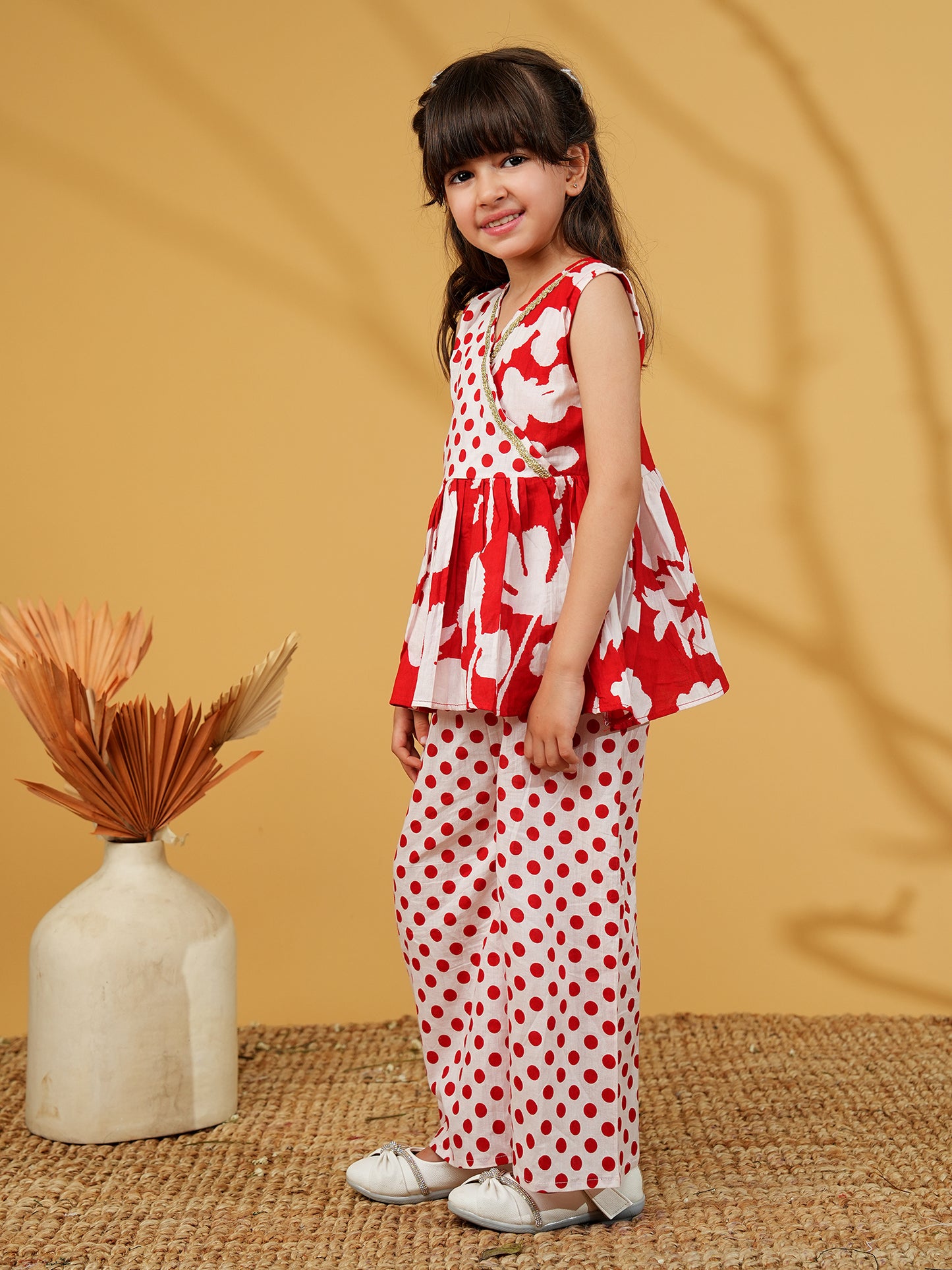 AJ Dezines Red Cotton Sleeveless Polka Dot Print Girls Co-Ords