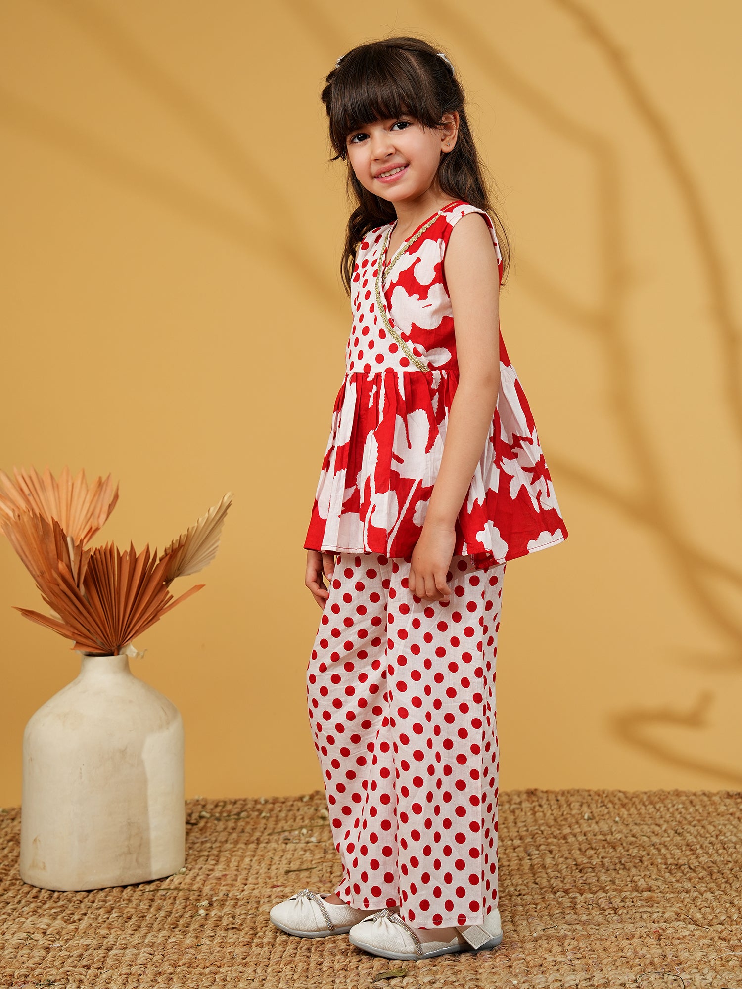 Red Cotton Sleeveless Polka Dot Print Girls Co-Ords
